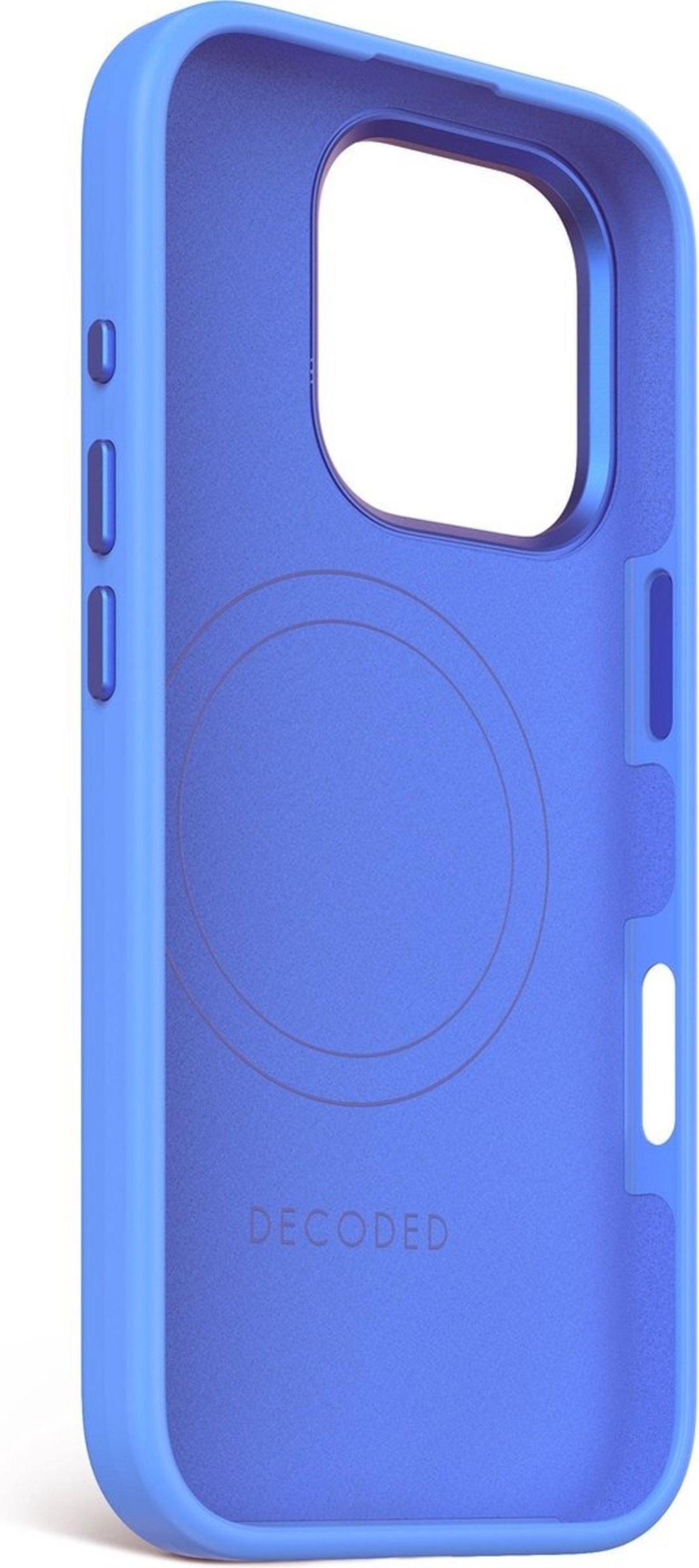 Blauwe telefoonhoes. Binnenkant toont MagSafe cirkel. Zwarte achtergrond. Decoded label.