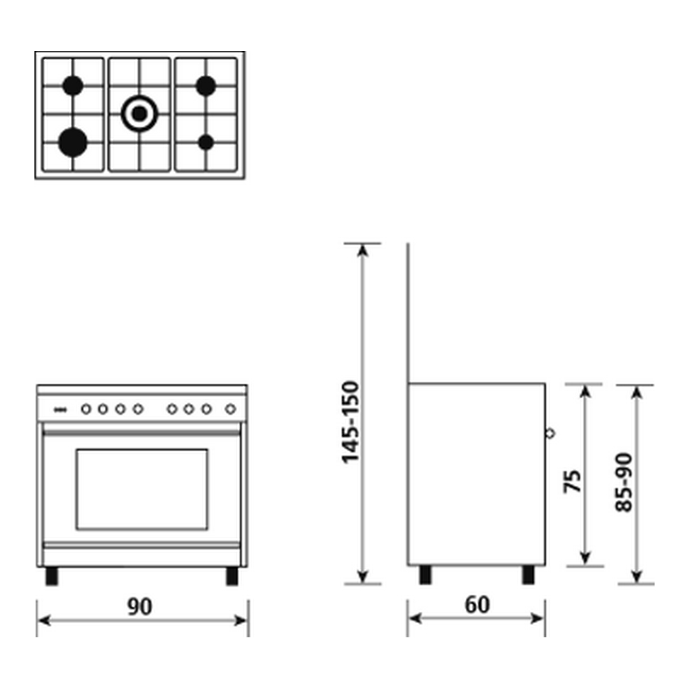 Diagrammi di un fornello. Vengono mostrate dimensioni e layout.