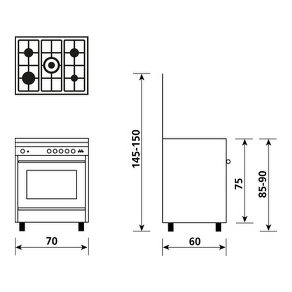 Diagramma di un forno con dimensioni, mostra viste dall'alto e laterali.