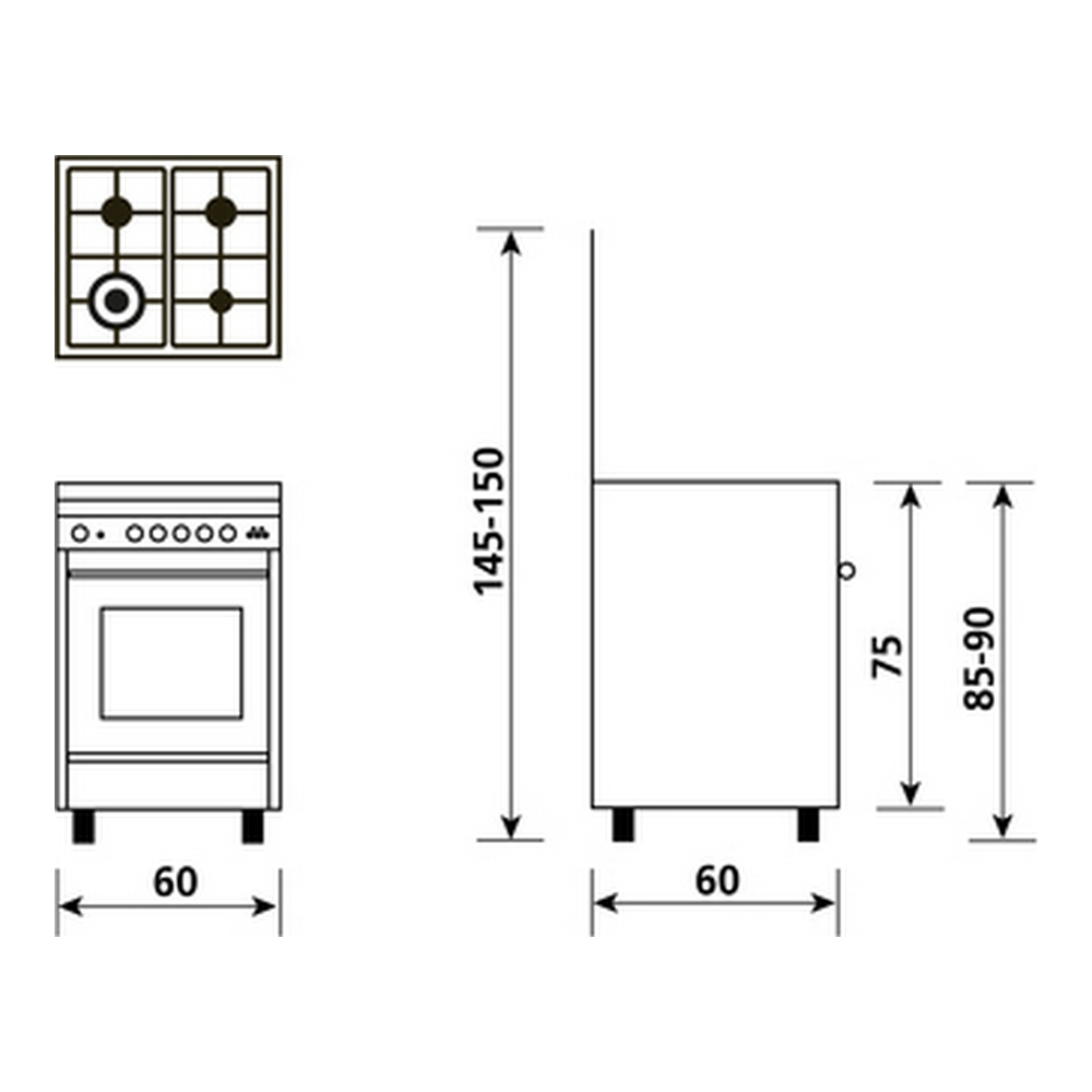 Diagramma che mostra un elettrodomestico e le sue dimensioni, vista dall'alto.