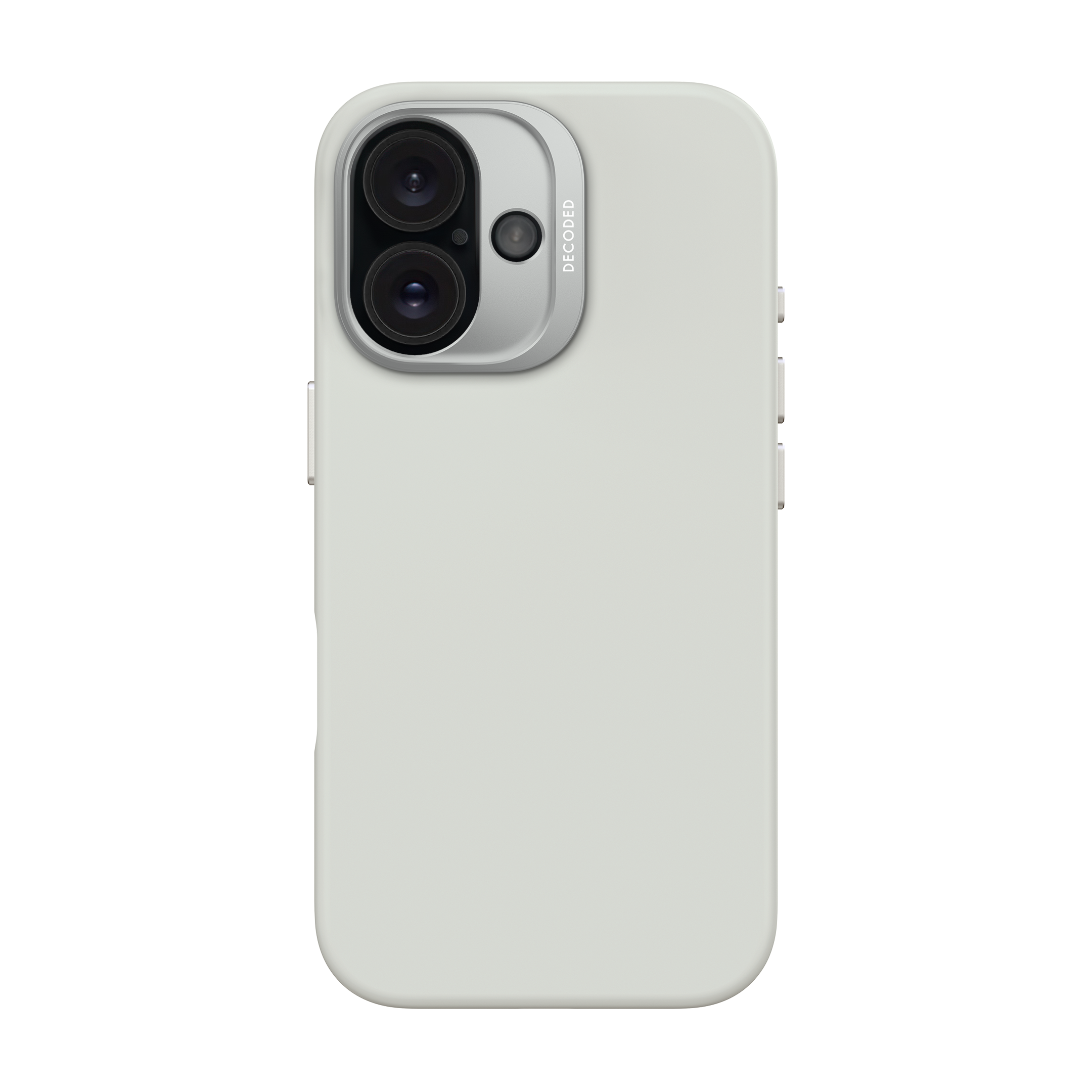 Lichtgrijze telefoonhoes met zilveren cameraring, zwarte achtergrond.