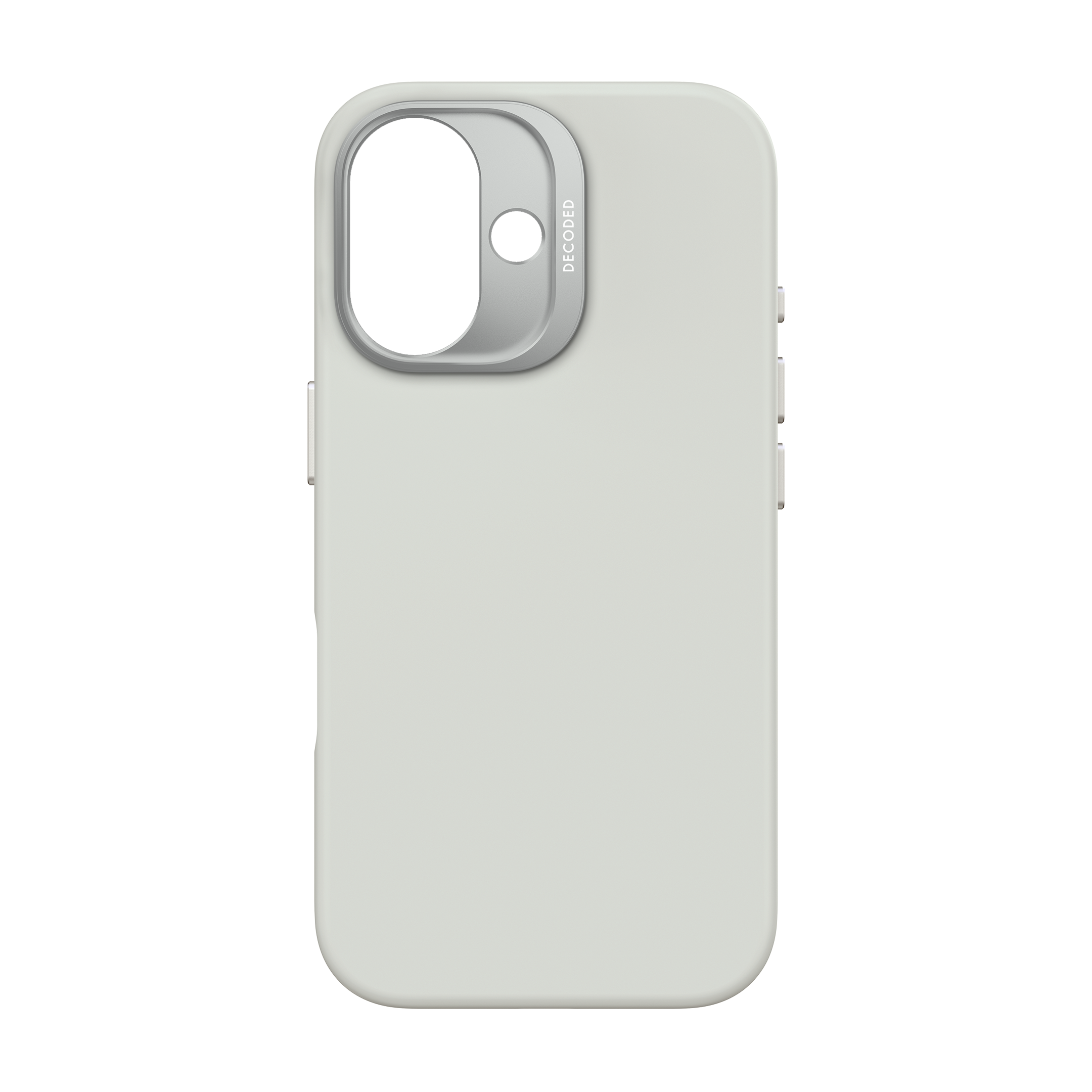 Witte telefoonhoes met cameraholte. Het woord DECODED staat op de zijkant.
