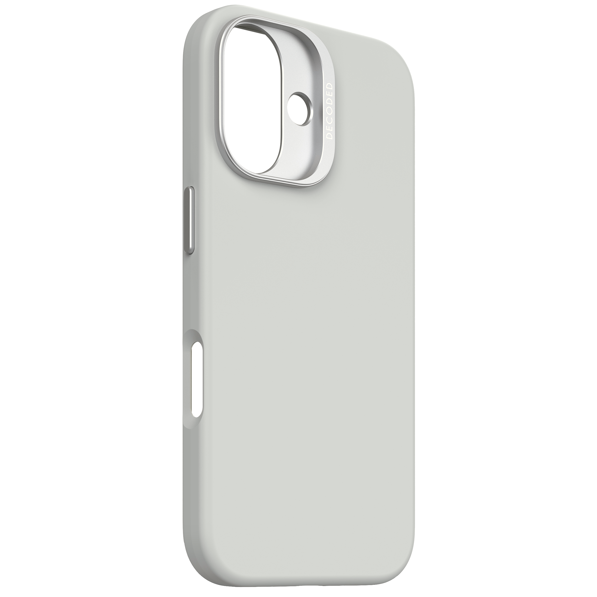Lichtgrijze telefoonhoes met camera-uitsparing, zwarte achtergrond.