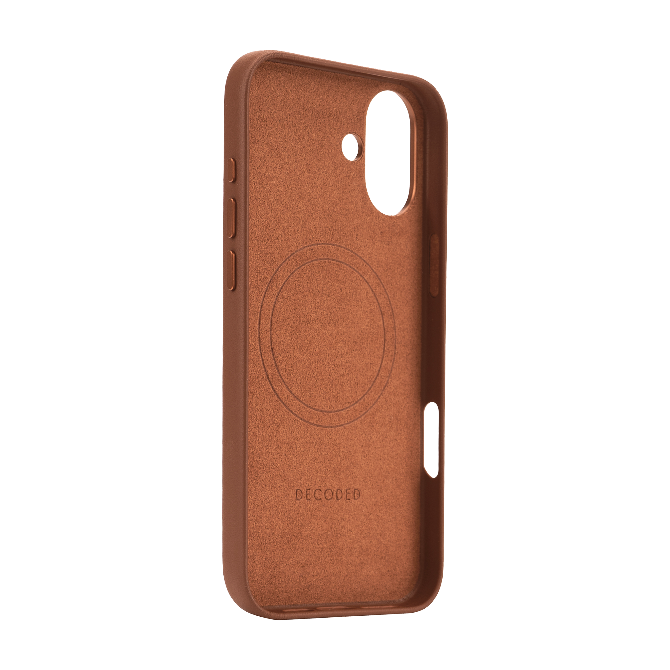 Interno della custodia del telefono marrone con design circolare, testo e pulsanti laterali. Sfondo nero.