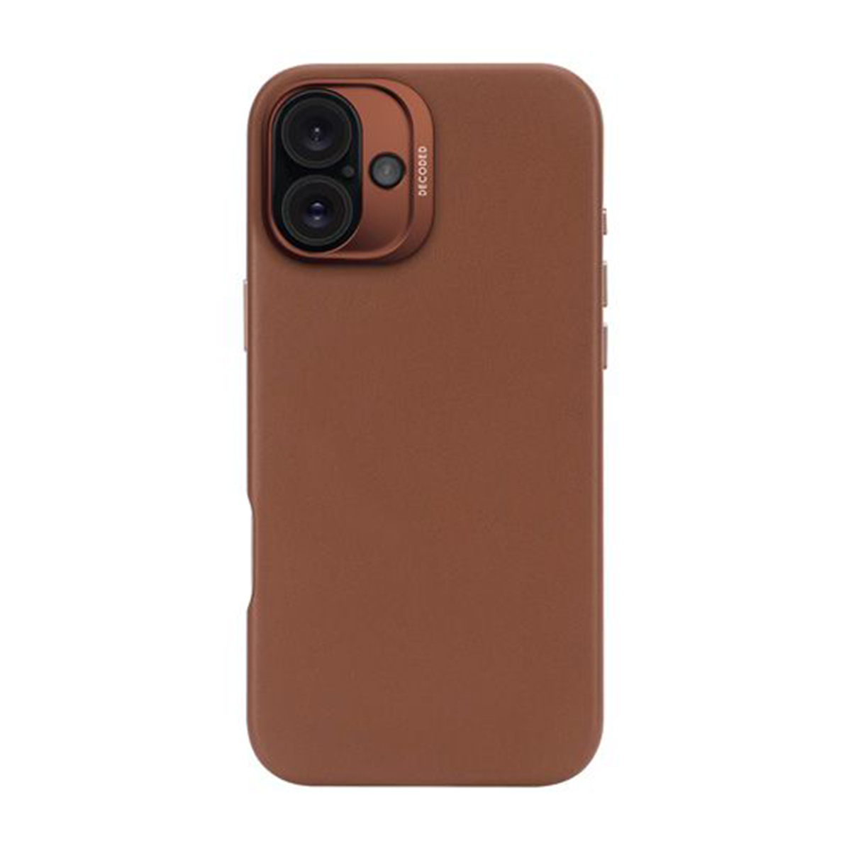 Custodia marrone per telefono con obiettivo della fotocamera, che mostra un colore marrone.