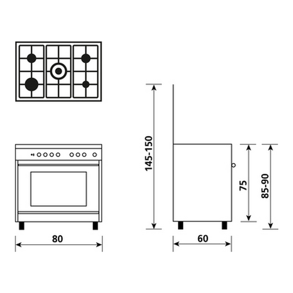 Diagrammi di un fornello. Vengono mostrate dimensioni e layout.