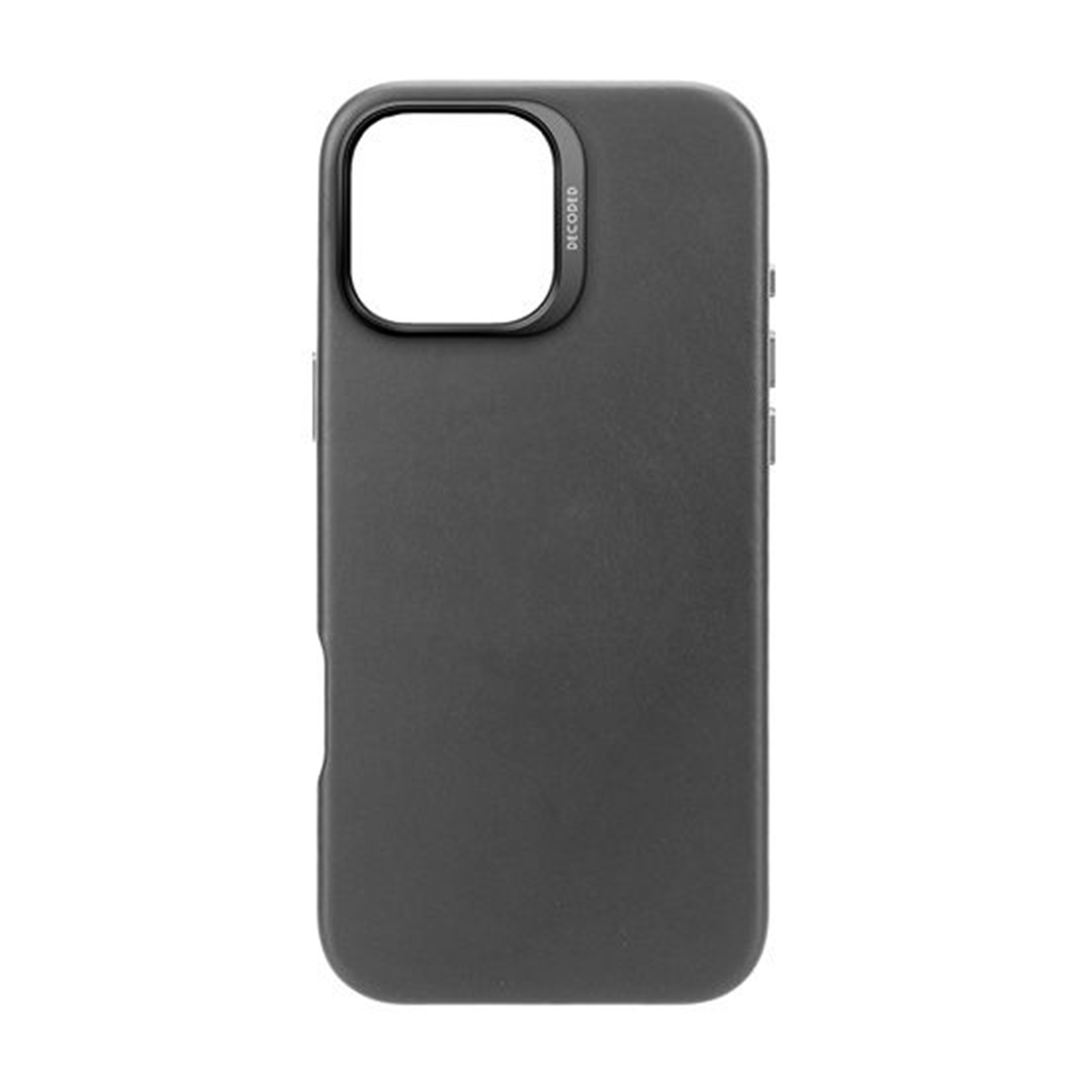 Una custodia per telefono grigio scuro. La custodia ha un ritaglio per la fotocamera. Lo sfondo è bianco.