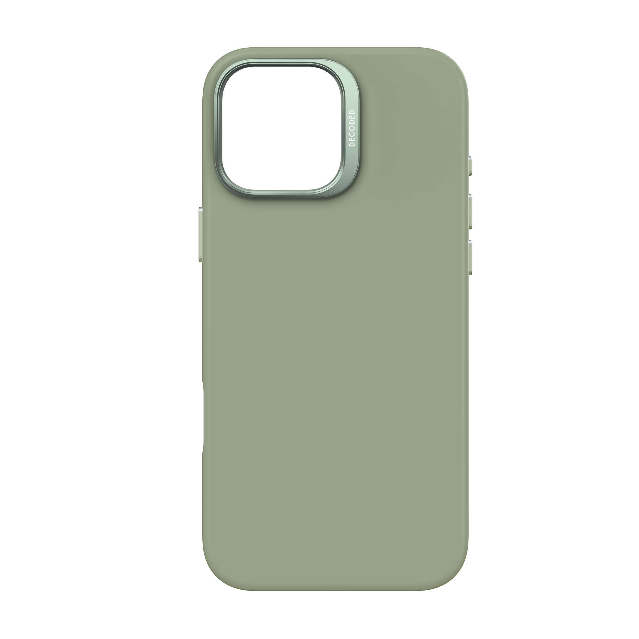 Green phone case with a silver camera lens protector. The case has a simple design.