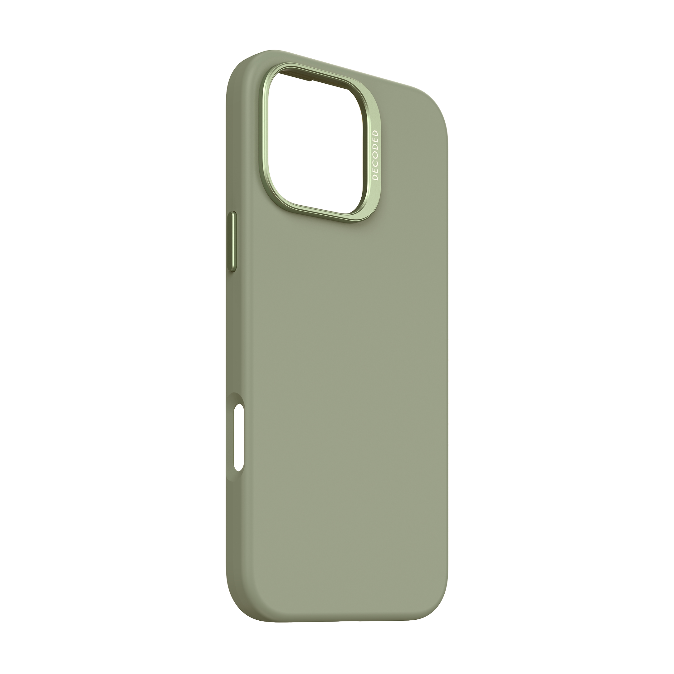 An olive-green phone case with a gold camera ring.
