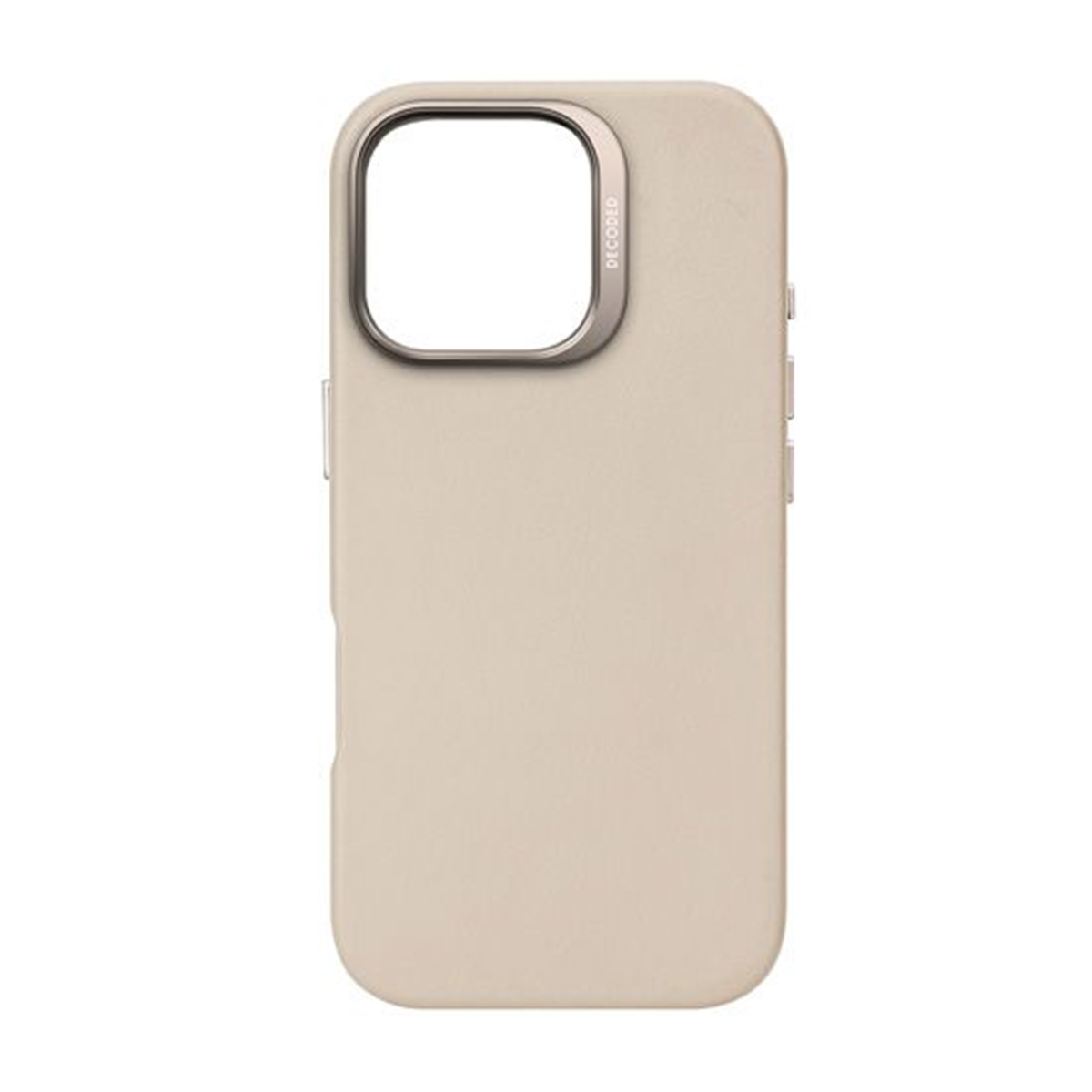Un étui de téléphone beige avec un anneau de caméra argenté.