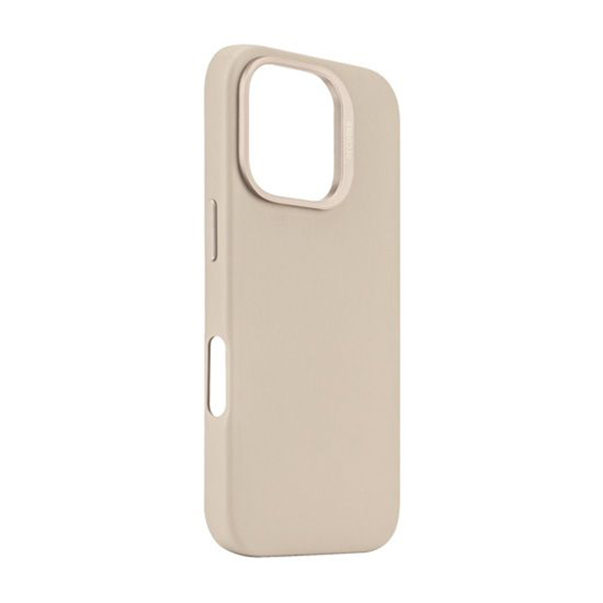 Une coque de téléphone beige avec découpes pour caméra et boutons, isolée sur fond blanc.