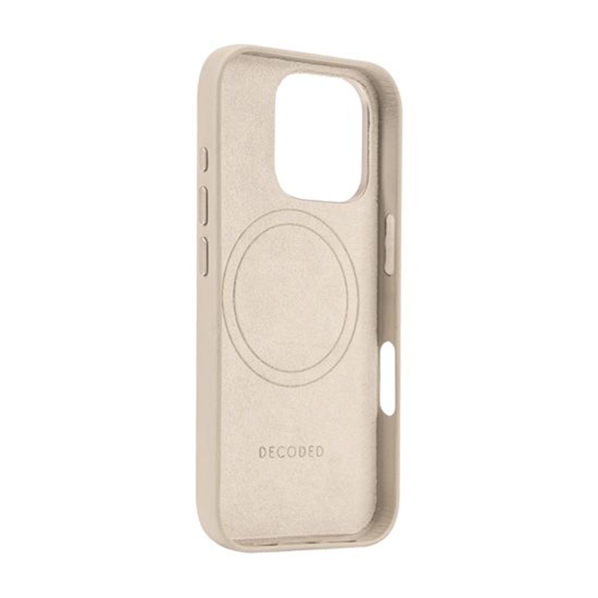 Une coque de téléphone beige avec une découpe pour la caméra et le mot 'DECODED'.