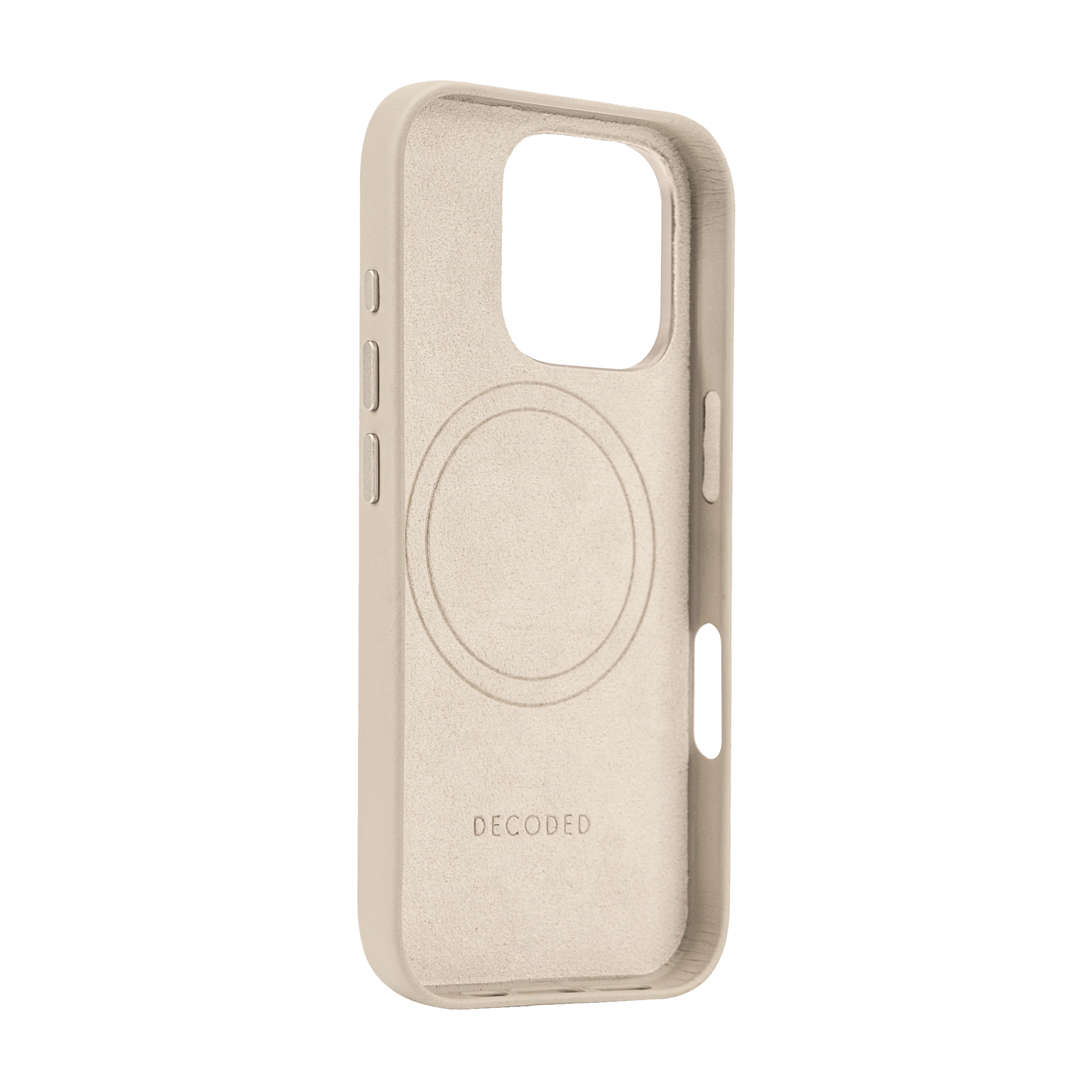 Vue intérieure d'une coque de téléphone beige avec un marquage circulaire et le mot DECODED.