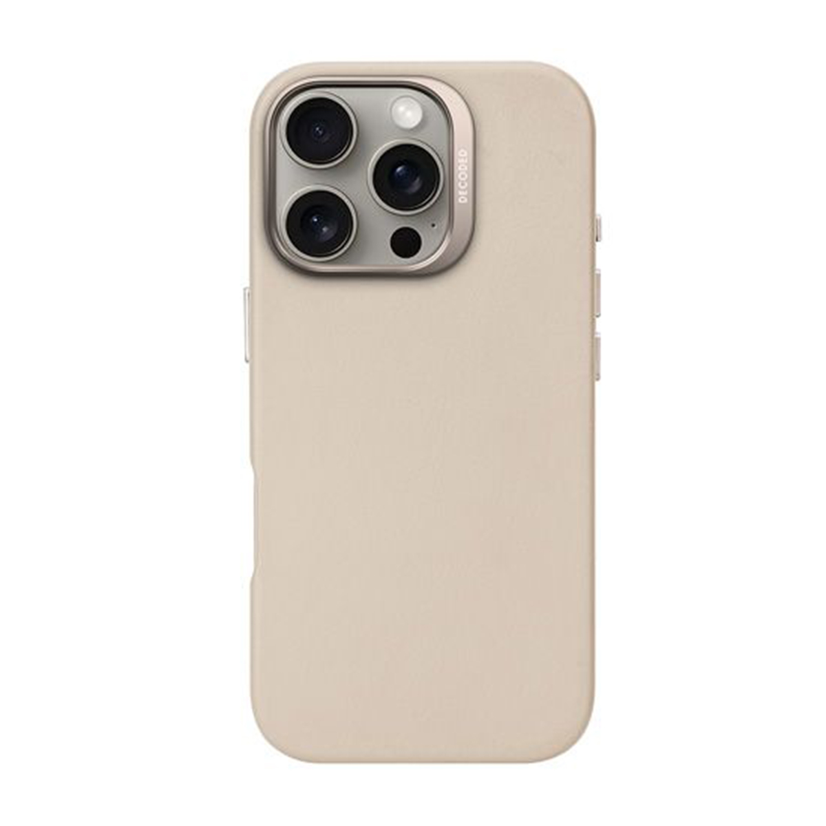 Coque de téléphone beige, découpe de caméra visible. Coque sur fond noir.