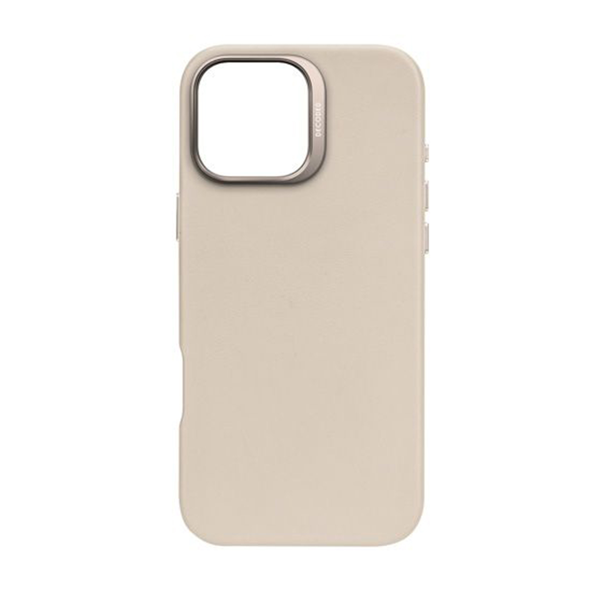 Une coque de téléphone beige avec un anneau de caméra argenté.