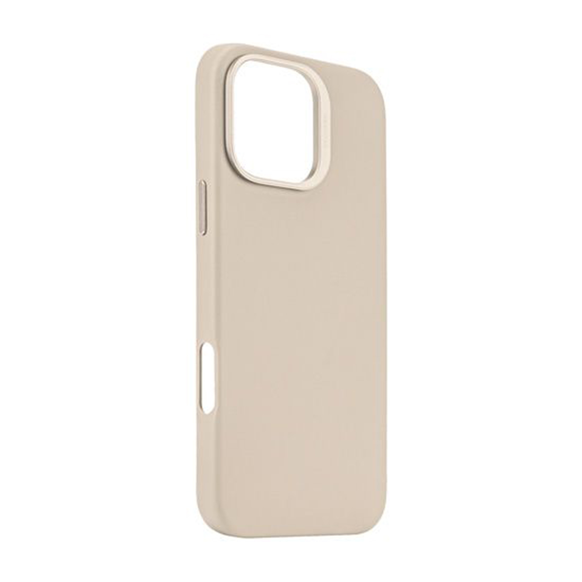Coque de téléphone beige. Forme rectangulaire, découpe caméra et ouvertures latérales. Design minimaliste.