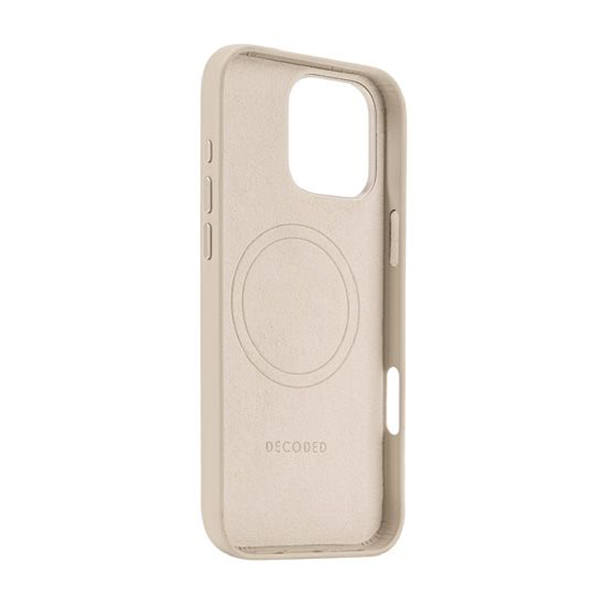 Une coque de téléphone beige avec une section ouverte pour l'appareil photo et un cercle pour la recharge sans fil.