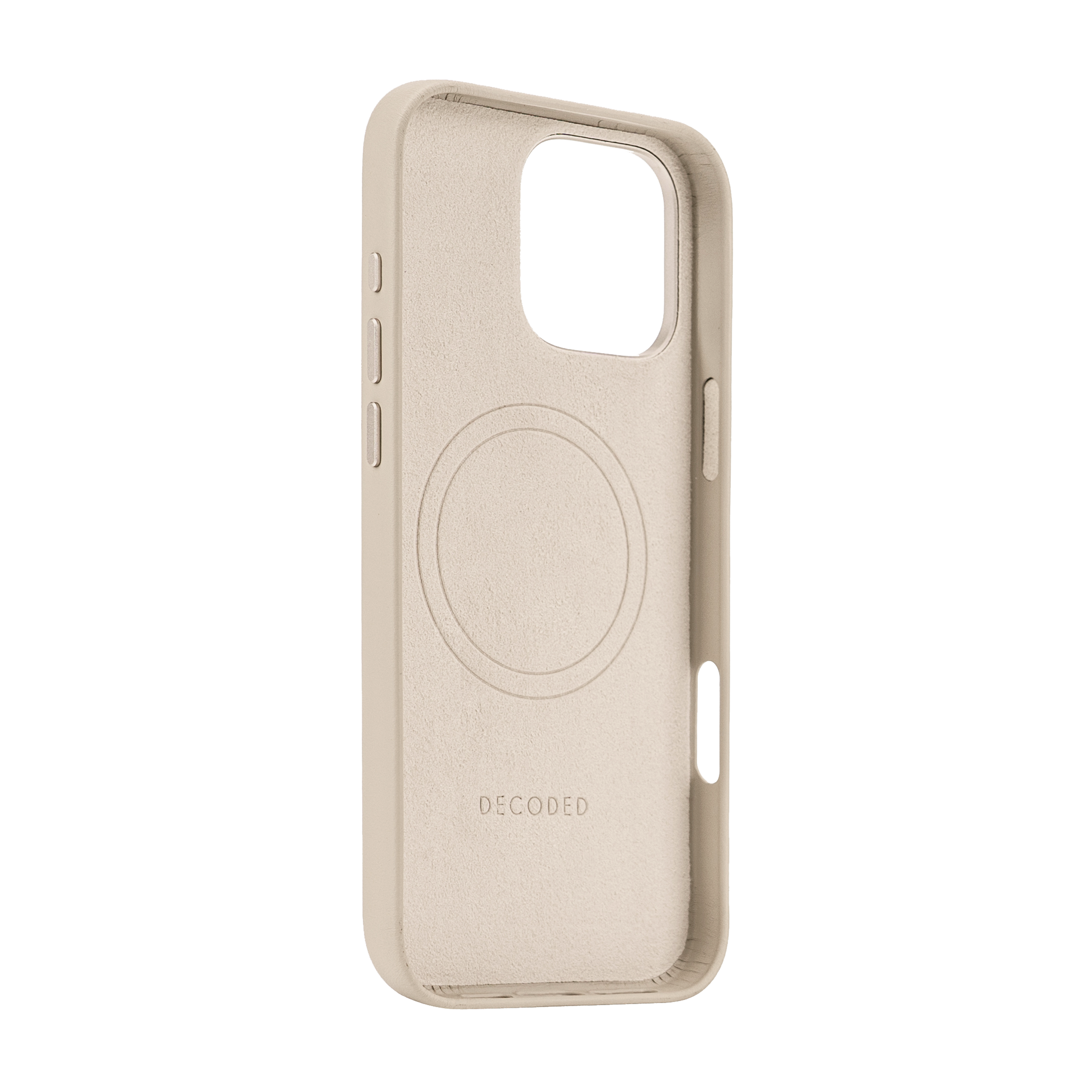 Coque de téléphone beige avec cercle MagSafe et marque 'DECODED'.
