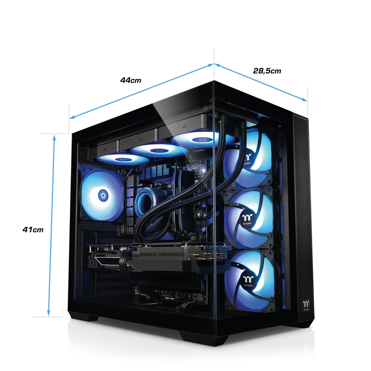 Ein Computerturm mit beleuchteten Lüftern, Abmessungen gezeigt, schwarz mit blauen Lichtern.