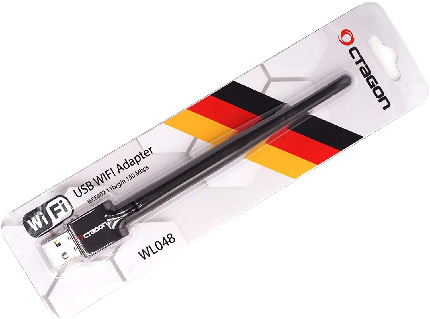 USB-WLAN-Adapter in einer Verpackung, mit schwarzer Antenne und deutschem Flaggen-Design.