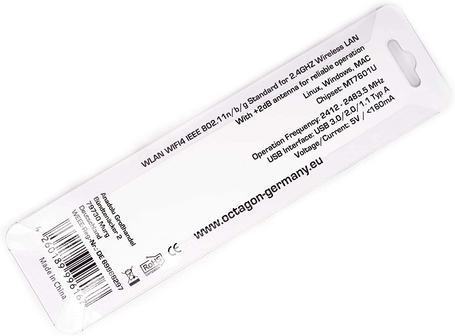 Weiße Verpackung mit Details eines WLAN-Adapters.