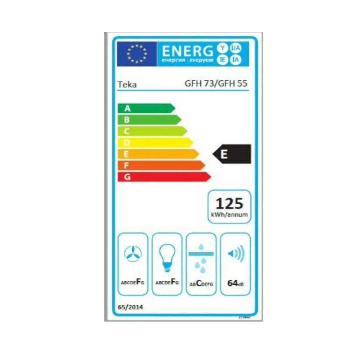 Etykieta energetyczna. Białe tło. Zawiera logo Unii Europejskiej. Pokazuje klasę efektywności energetycznej E.