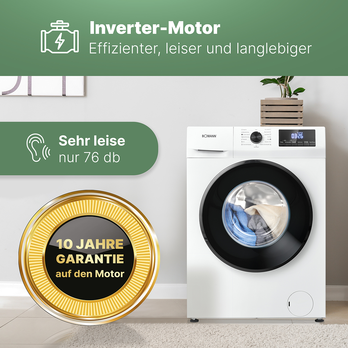 Eine weiße Waschmaschine mit schwarzer Tür und Text über ihre Funktionen.