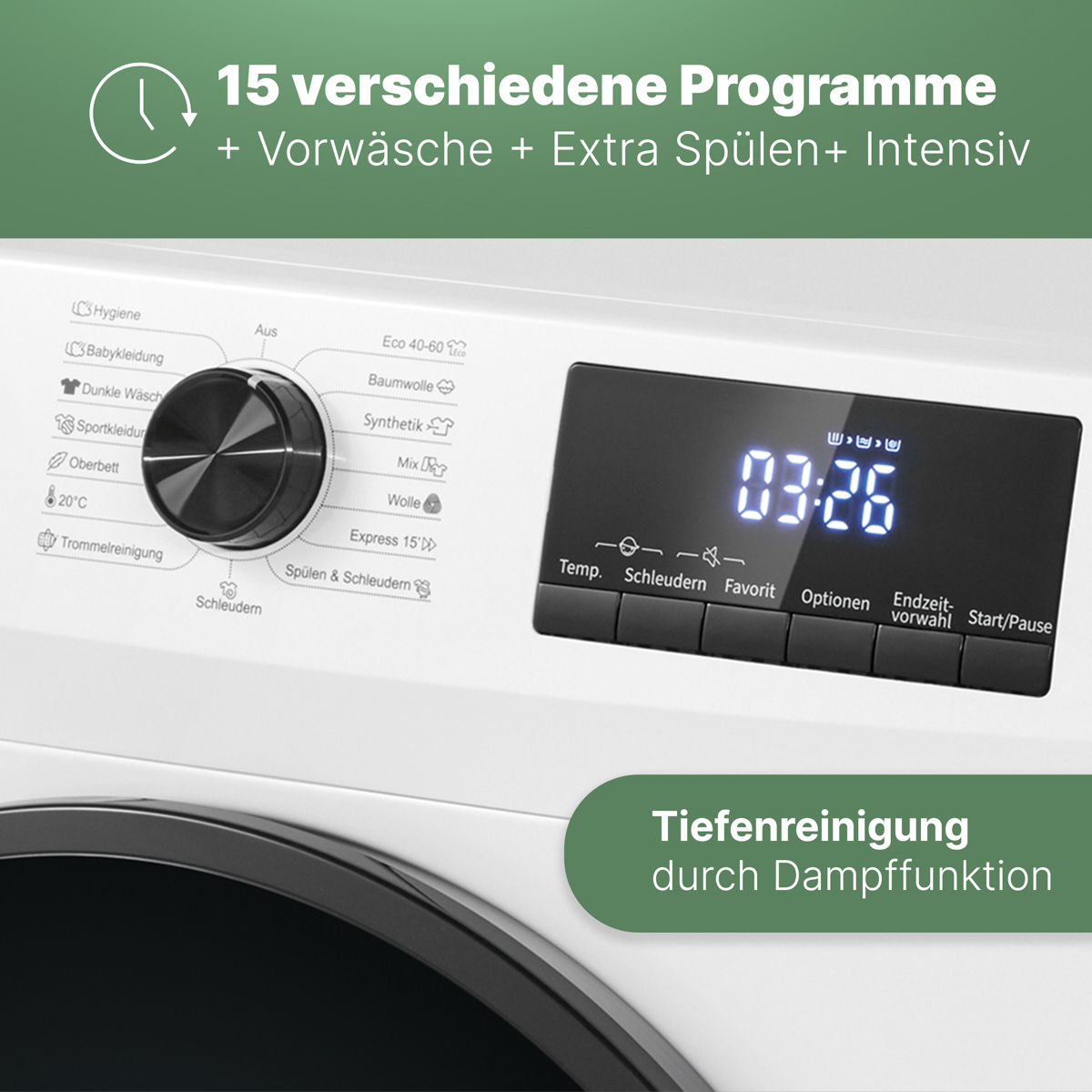 Waschmaschinen-Bedienfeld mit Einstellungen für verschiedene Waschzyklen.