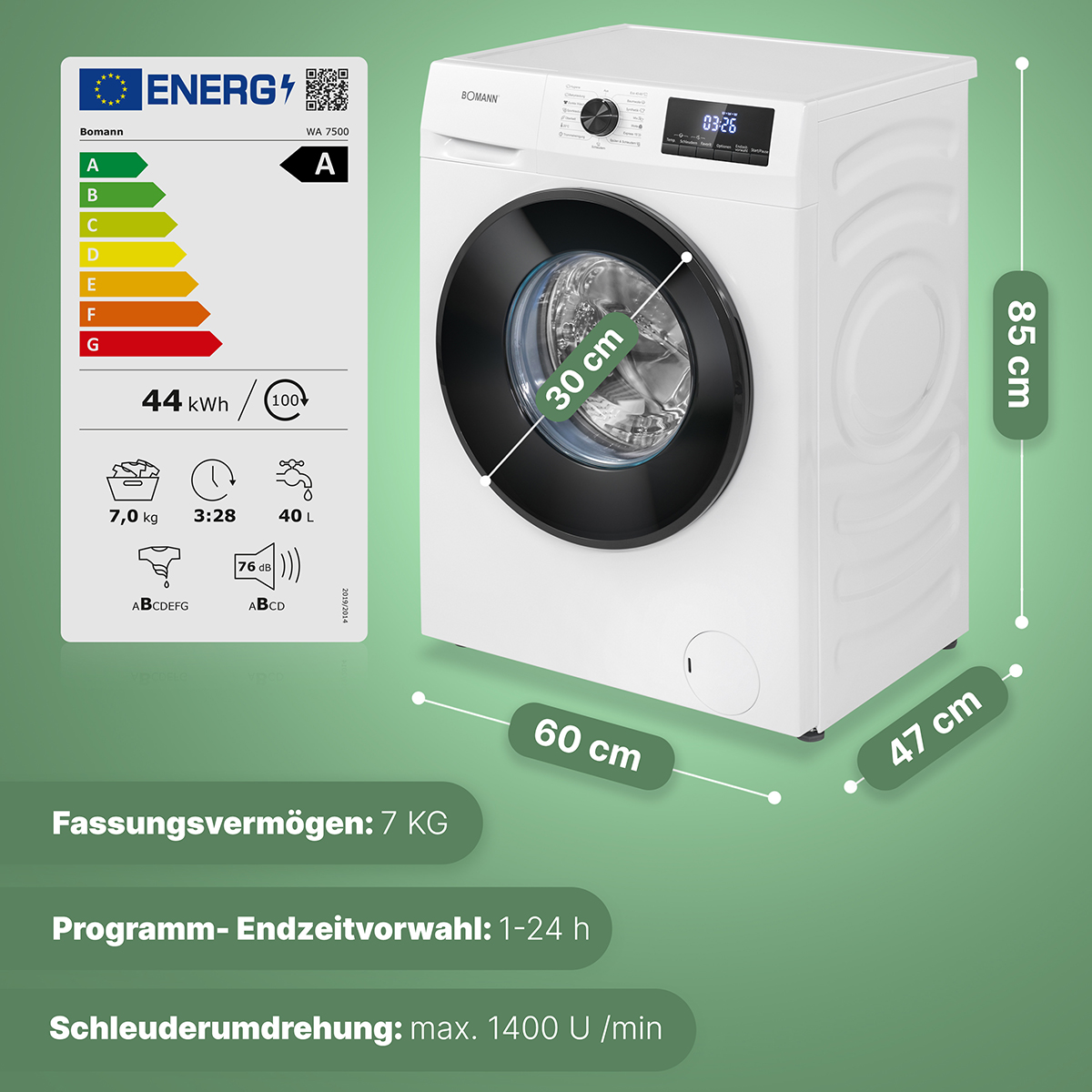 Weiße Waschmaschine mit schwarzer Tür und Etiketten. Abmessungen und Energieeffizienzdetails sind sichtbar.