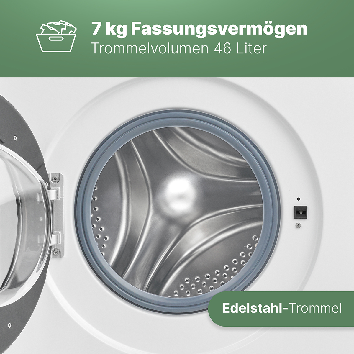 Geöffnete Waschmaschinentür, Text zeigt 7 kg Fassungsvermögen und 46 Liter Trommelvolumen.