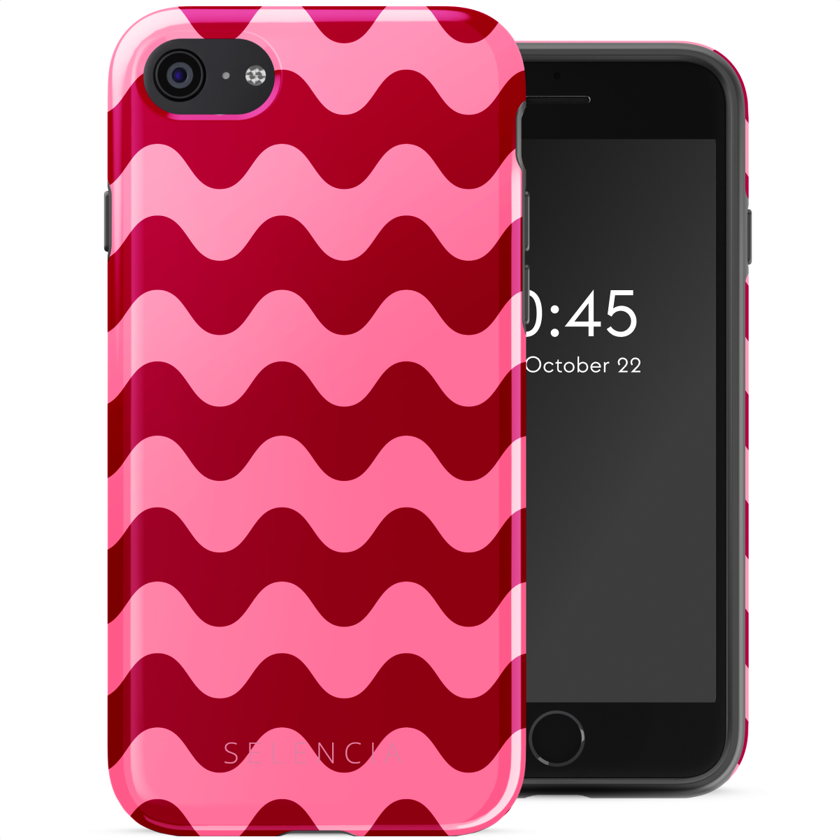 Roze en bordeauxkleurige telefoonhoes met golfpatroon naast een zwarte telefoon.