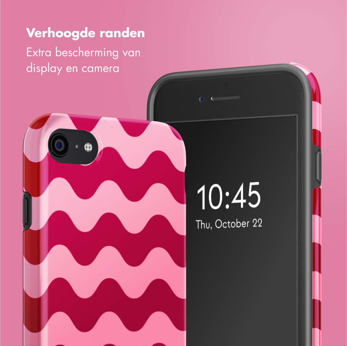 Telefono con custodia a onde rosa. Orario: 10:45, gio 22 ottobre.