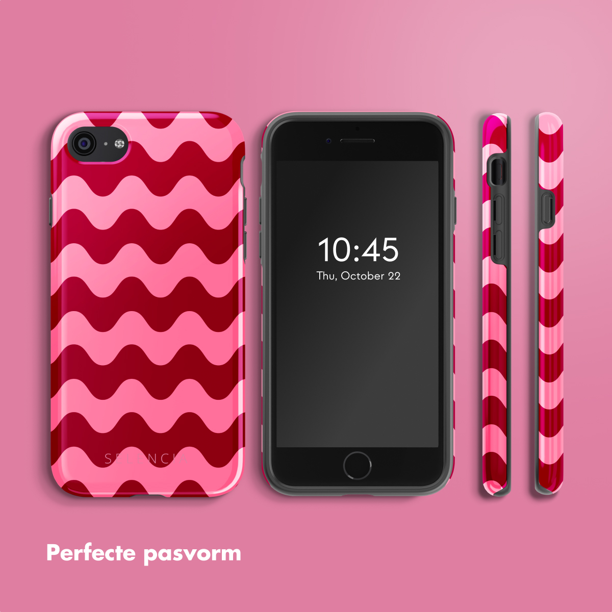 Telefono e tre custodie con un design rosa ondulato. Lo schermo del telefono mostra l'ora.