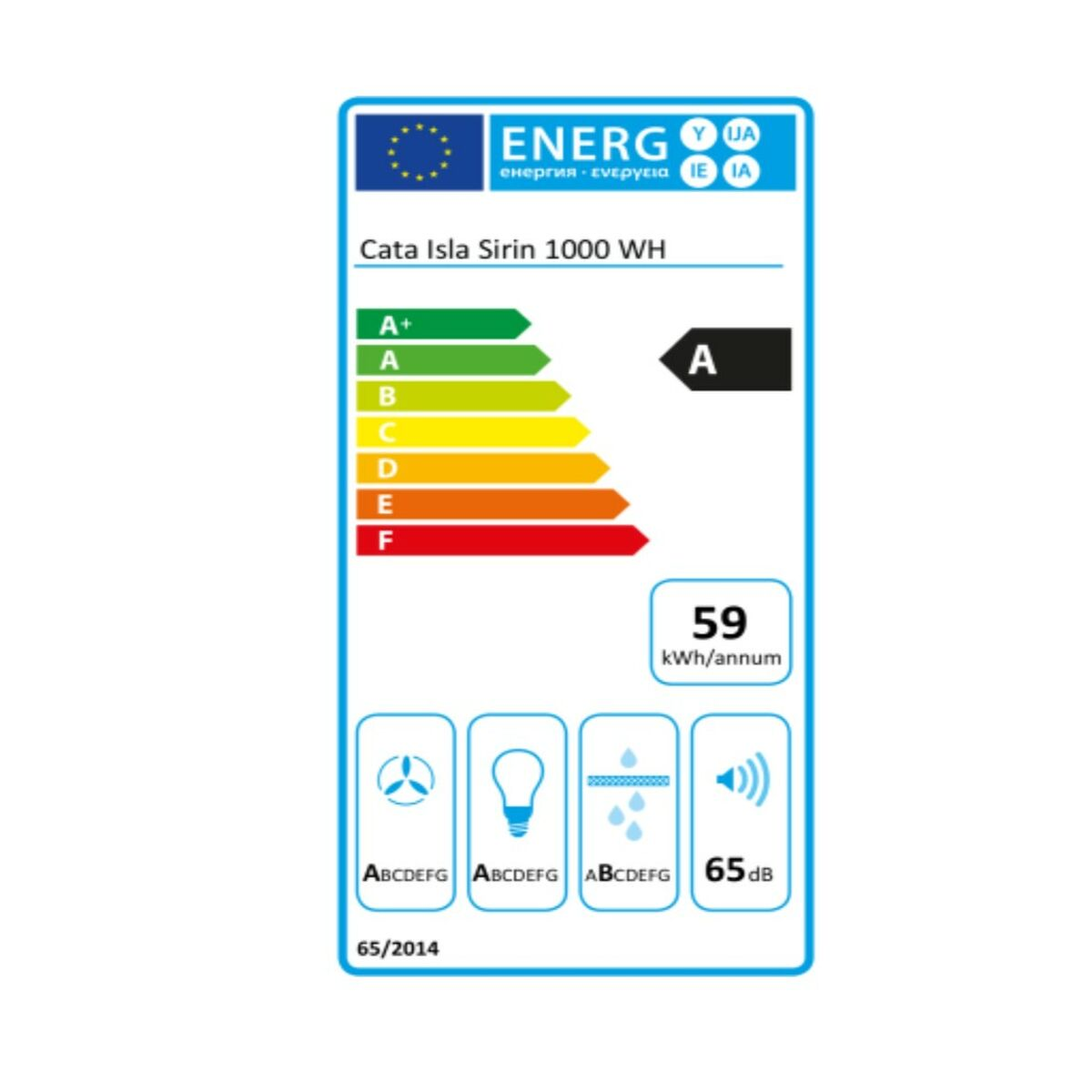 Etiqueta energética para campana extractora, mostrando eficiencia y características.