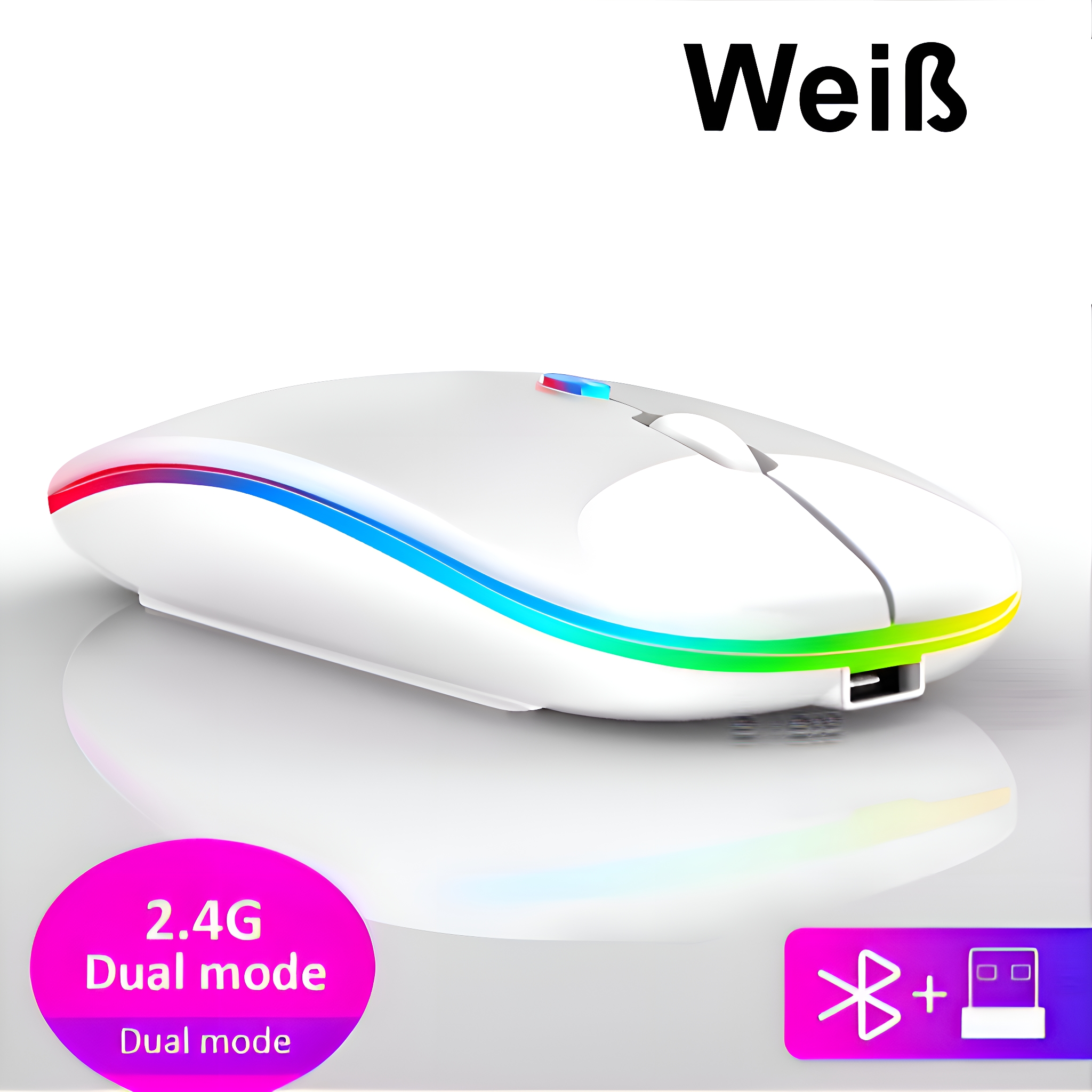 Weiße kabellose Maus mit RGB-Beleuchtung. Bluetooth- und USB-Symbole.