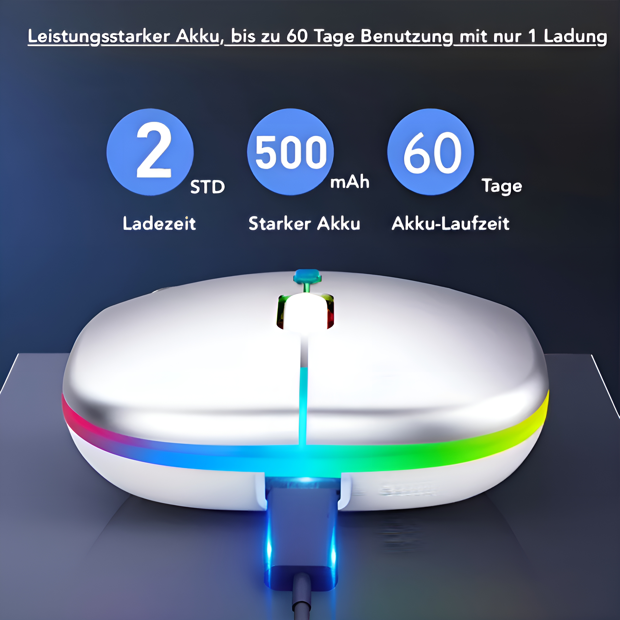 Weiße und silberne Maus mit RGB-Beleuchtung. Text: Starke Batterie, bis zu 60 Tage Nutzung mit einer einzigen Ladung.