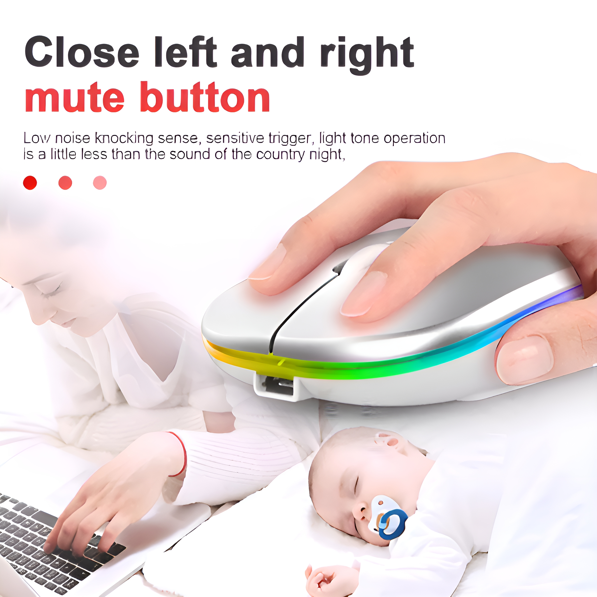 Die Hand einer Person benutzt eine weiße Maus mit Regenbogenkanten. Ein Baby schläft in der Nähe.