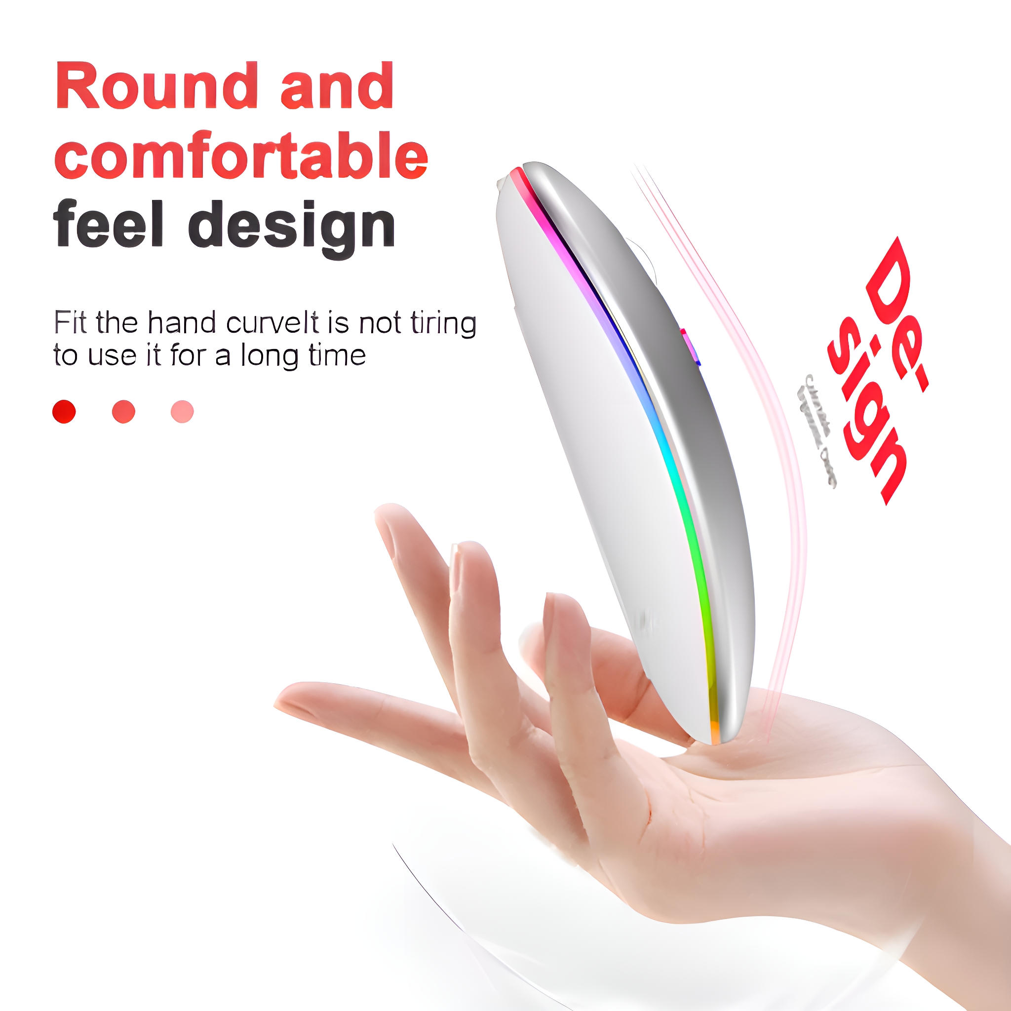 Eine Hand, die eine weiße Maus mit farbigem Lichtstreifen hält. Roter Text lautet: Design, ergonomisches Design.