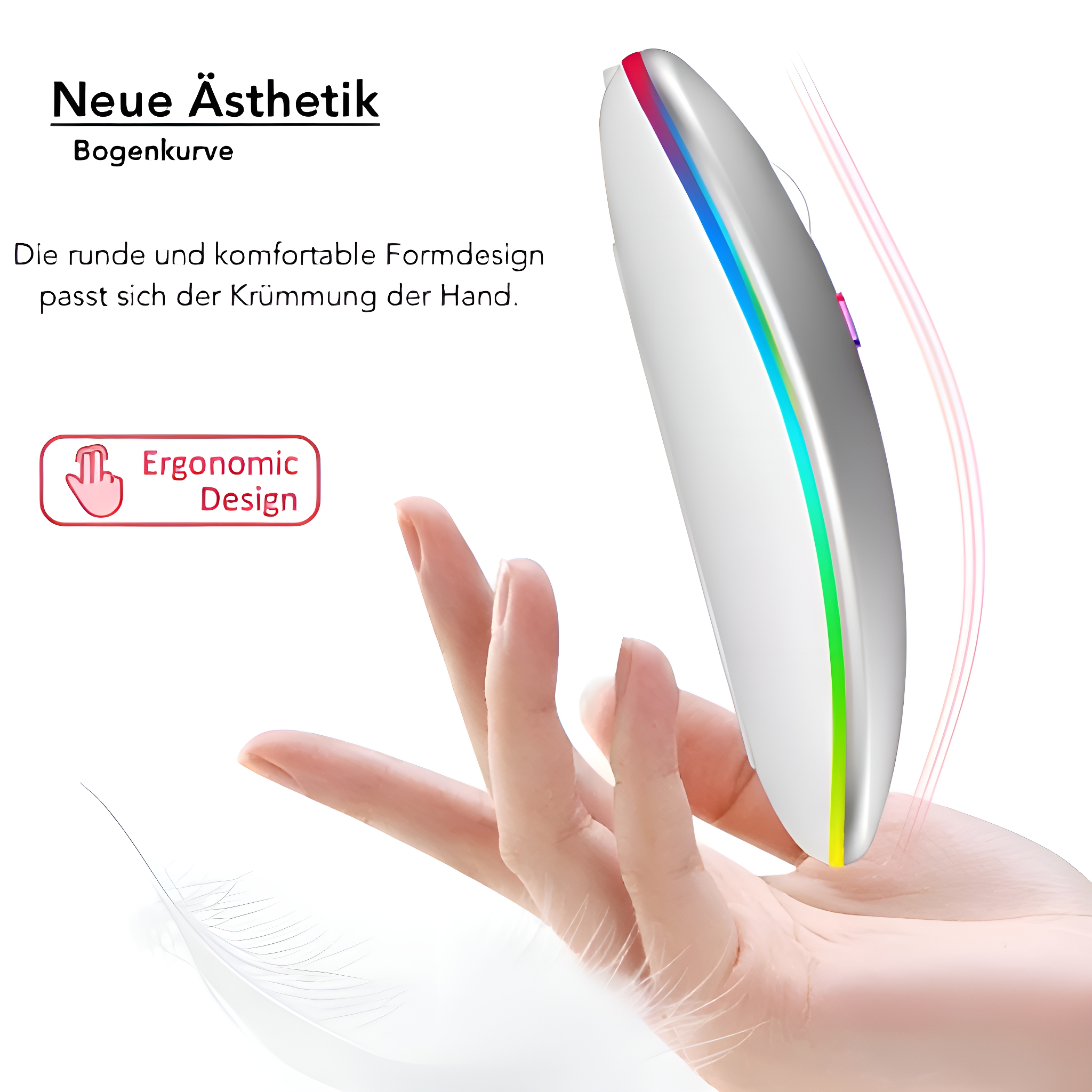 Weiße ergonomische Maus in der Hand gehalten. Die Maus hat mehrfarbige Lichter und ein geschwungenes Design, Text lautet 'Ergonomisches Design'.