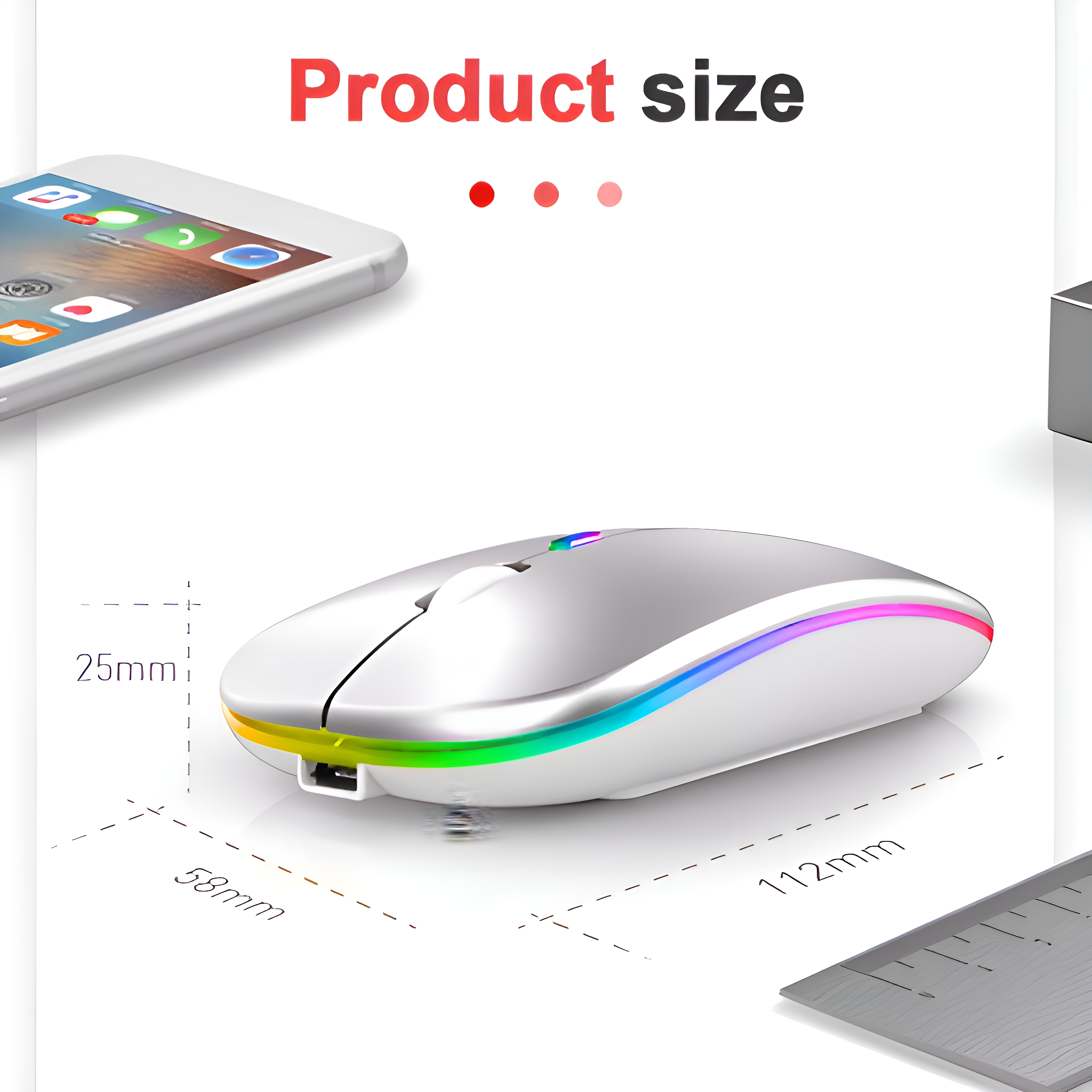Weiße drahtlose Maus mit Regenbogenkante, Telefon, Lineal.