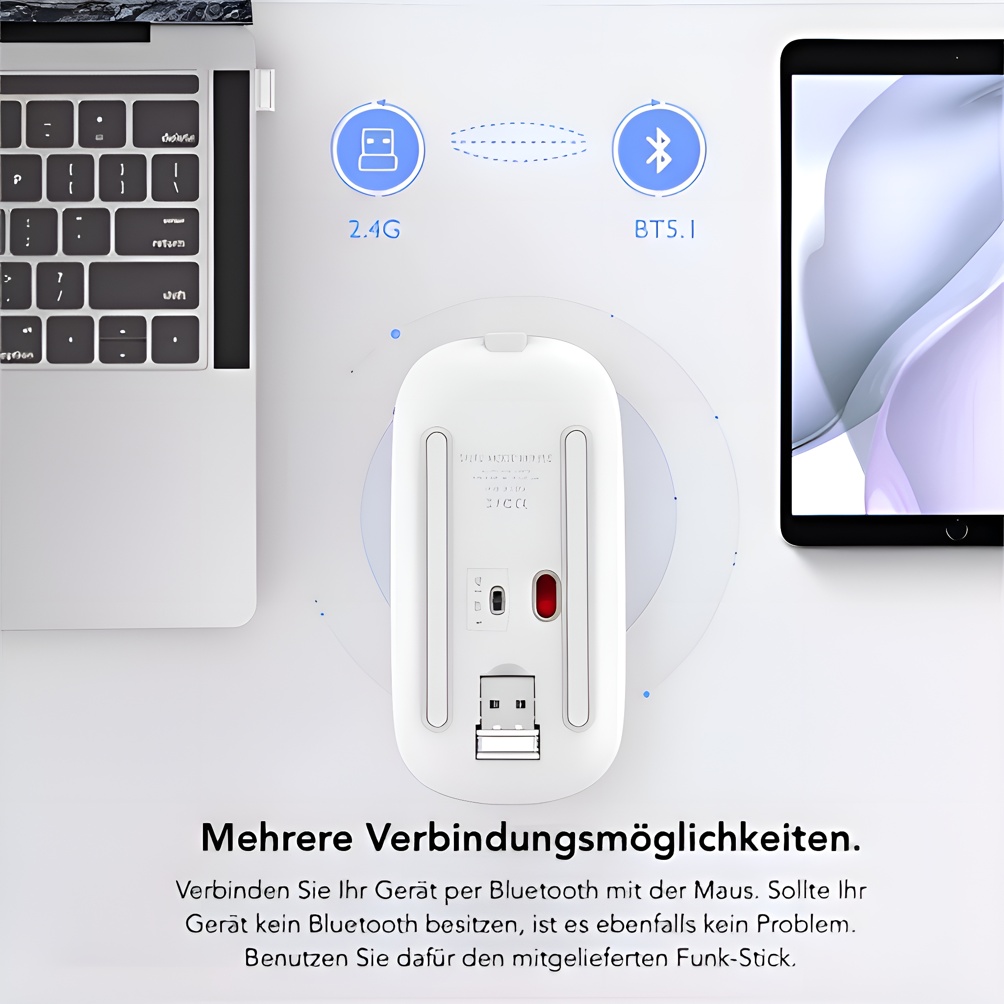 Weiße Maus mit Laptop und Tablet. Text sagt: 2.4G und BTS5.1 und mehrere Verbindungsmöglichkeiten.