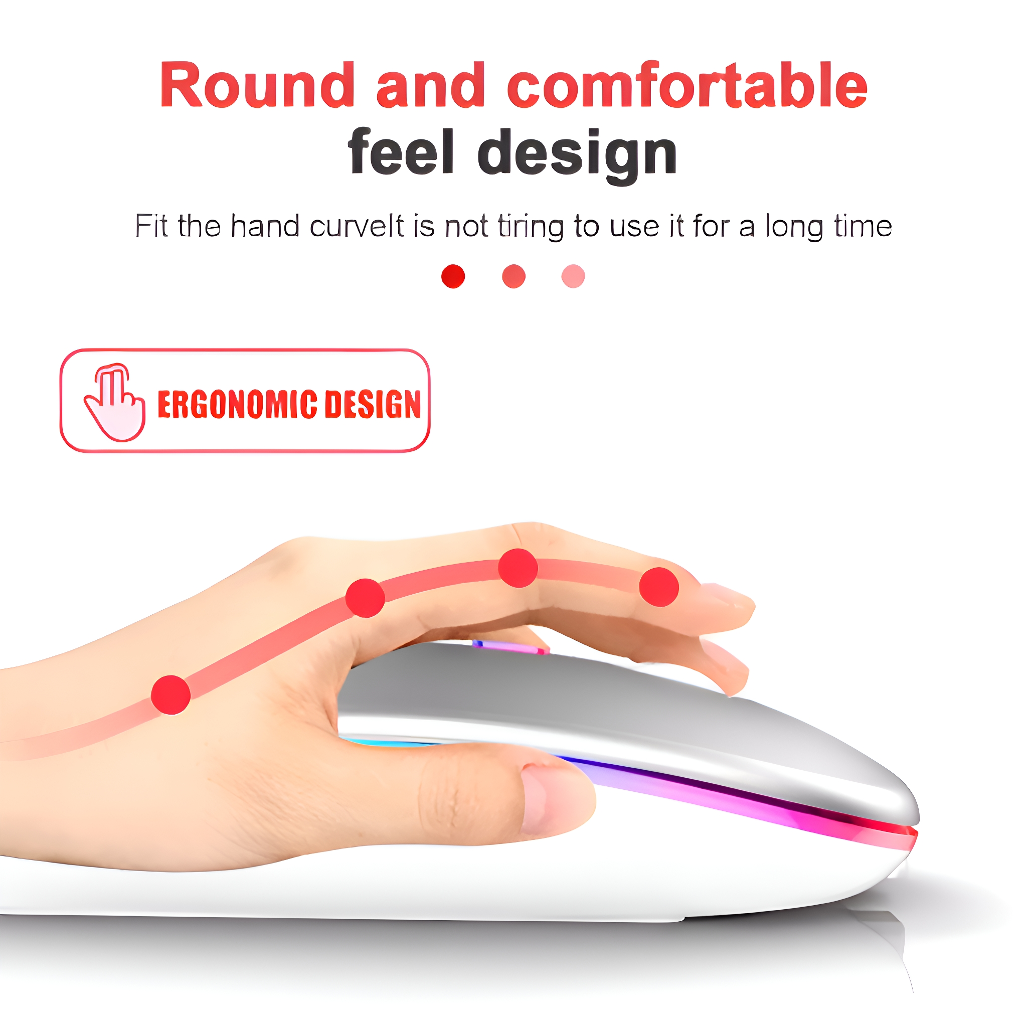 Eine weiße ergonomische Maus mit geschwungenem Design und einer Hand darauf.
