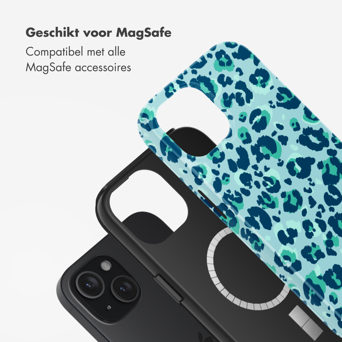 Phone case with leopard print, blue and green spots, on white background. Text: Suitable for MagSafe.