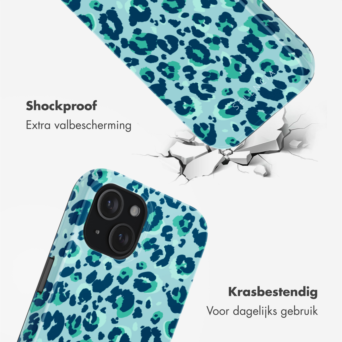Two phone cases with leopard patterns. One is breaking a surface.