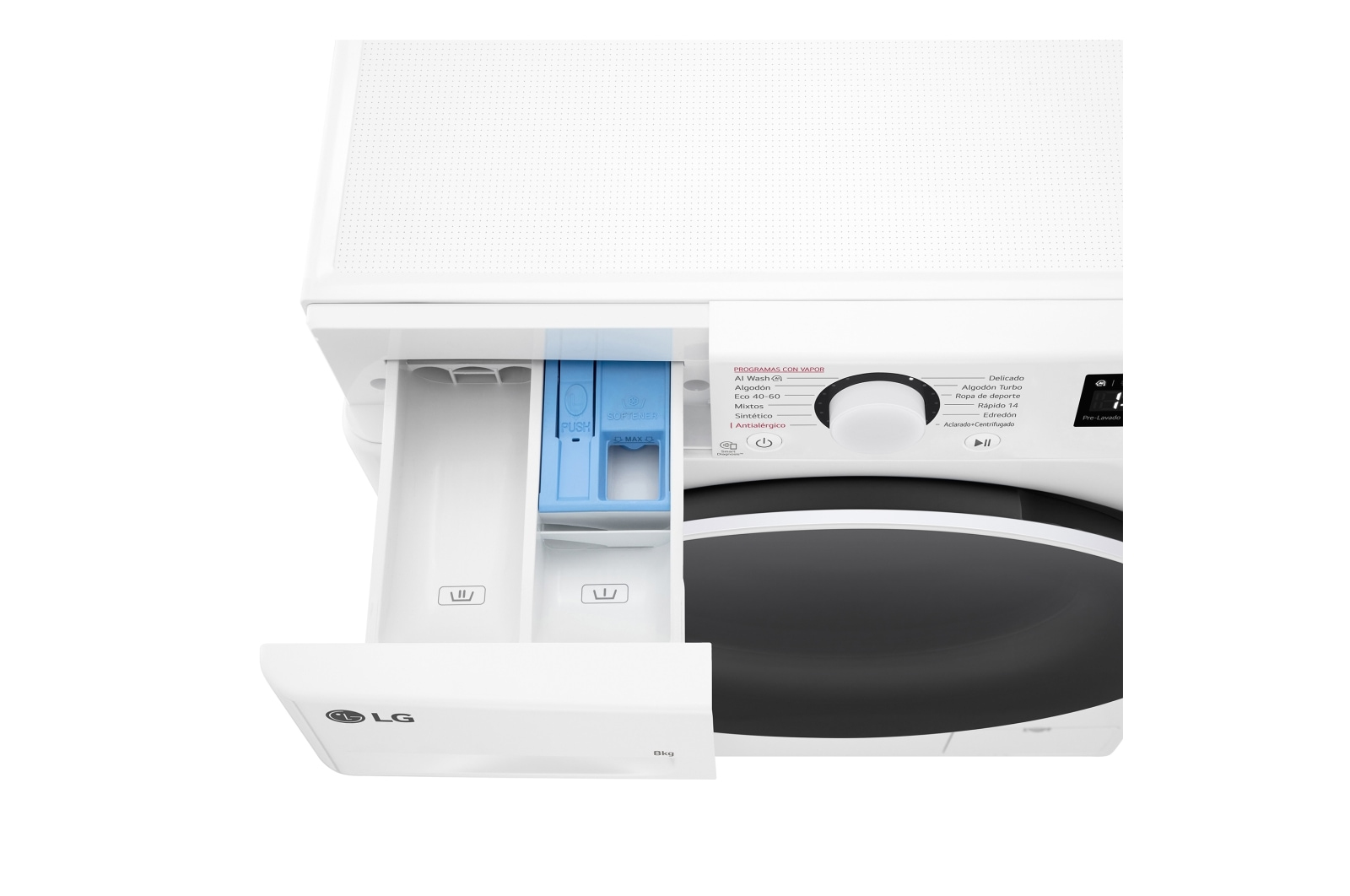 Zbliżenie otwartej szuflady na detergent pralki LG, z sekcjami.