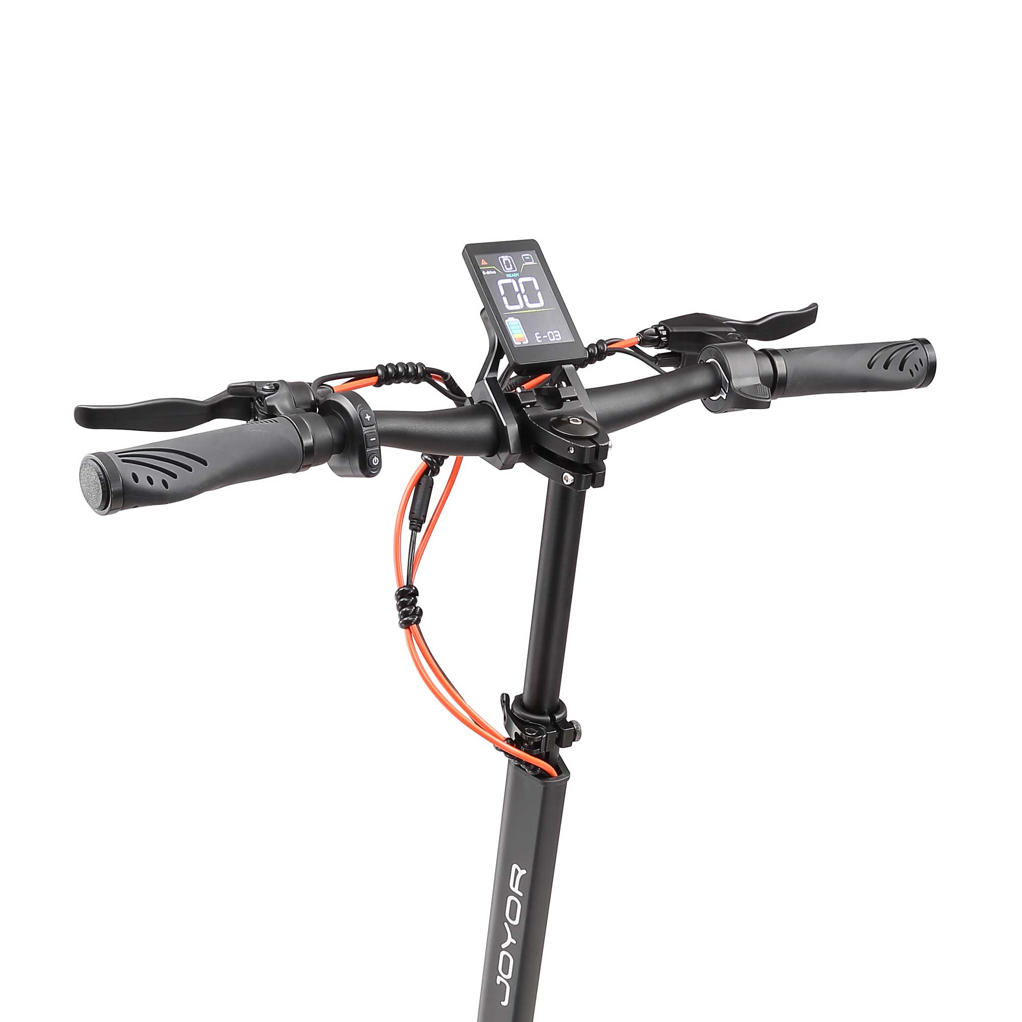 Nahaufnahme des Lenkers eines Elektrorollers. Das Display ist eingeschaltet und zeigt 00. Schwarze und orangefarbene Kabel.