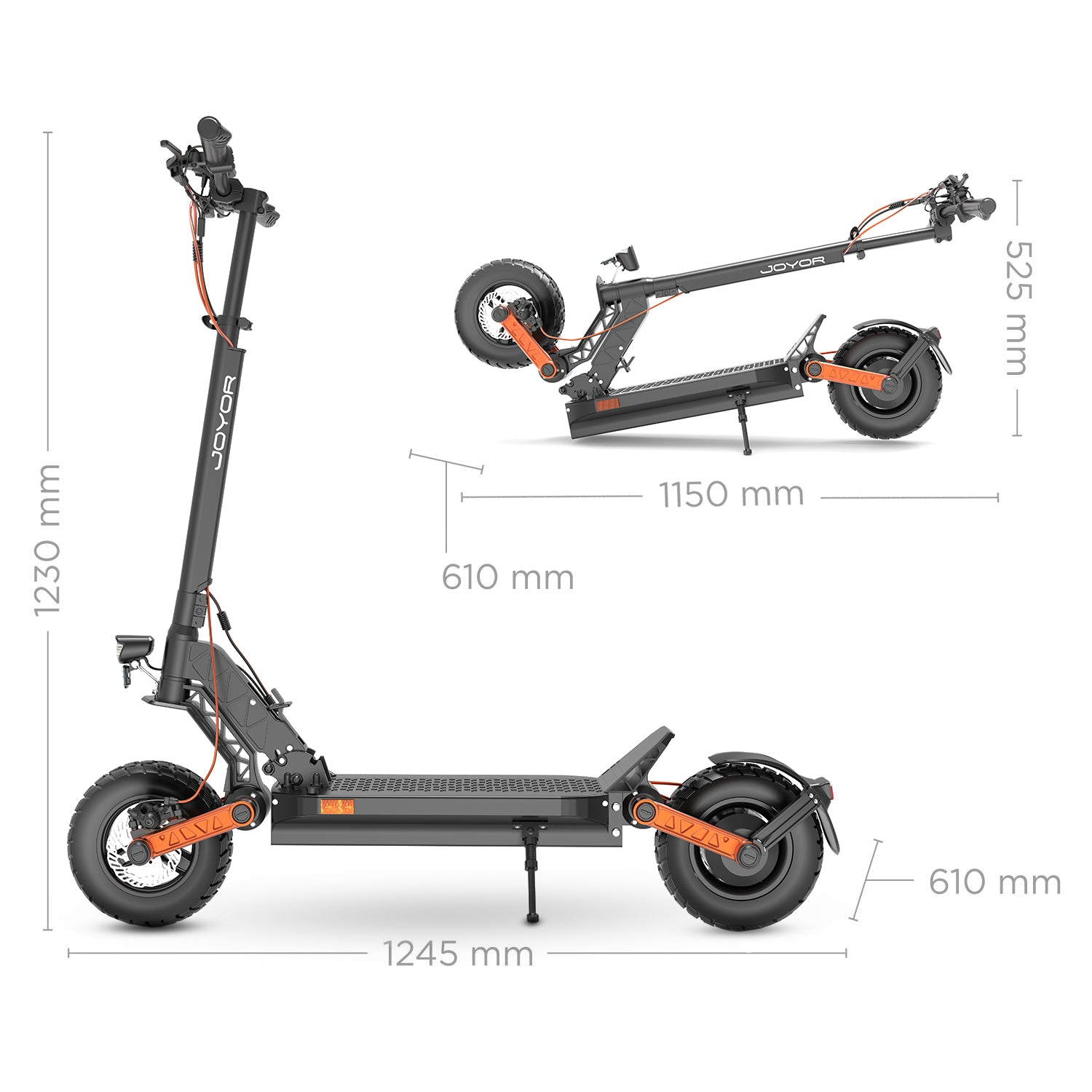 Ein Elektroroller wird gezeigt. Er ist schwarz und orange, mit Angabe der Abmessungen.