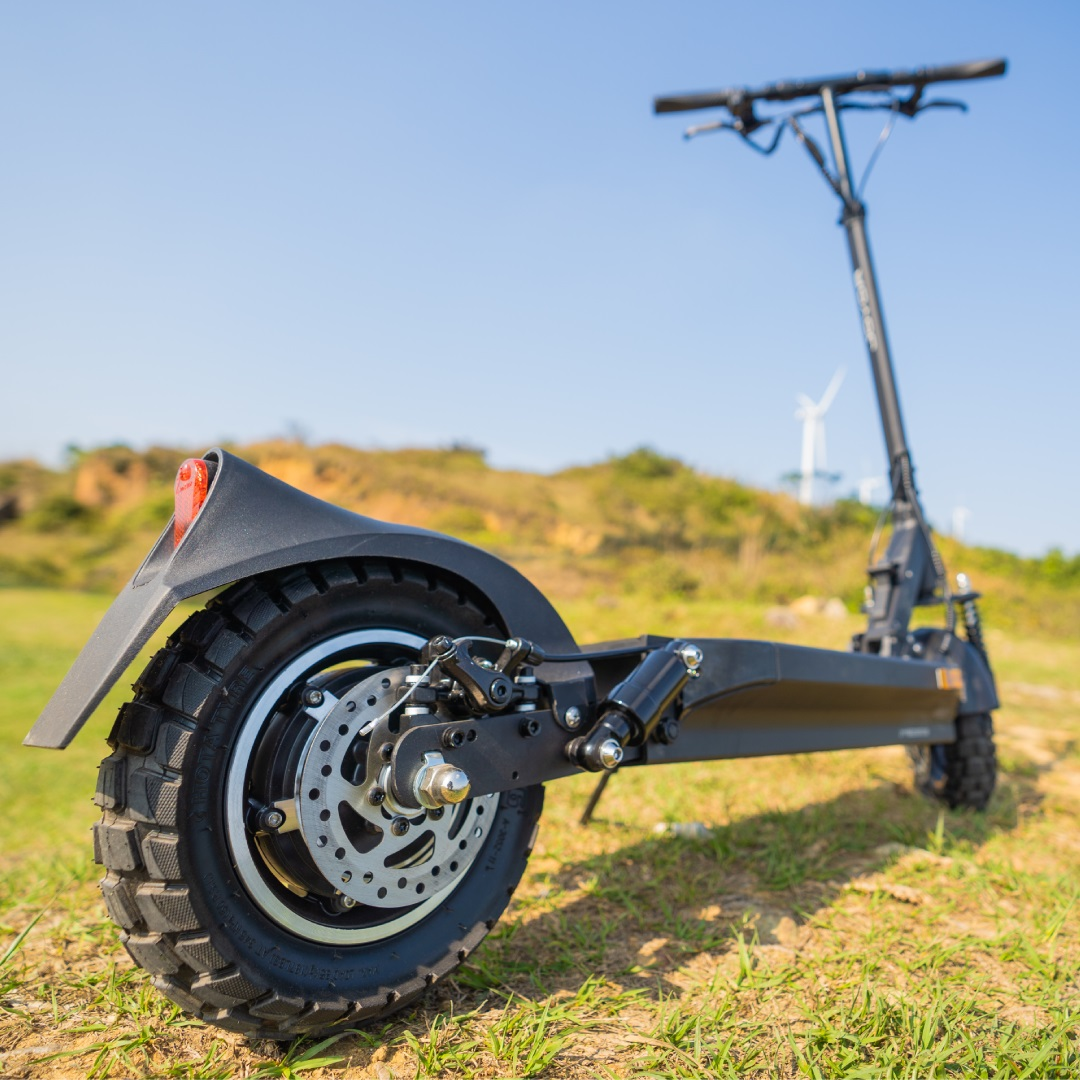Schwarzer Elektroroller auf Gras. Rad und Bremse sichtbar. Grünes Feld im Hintergrund.