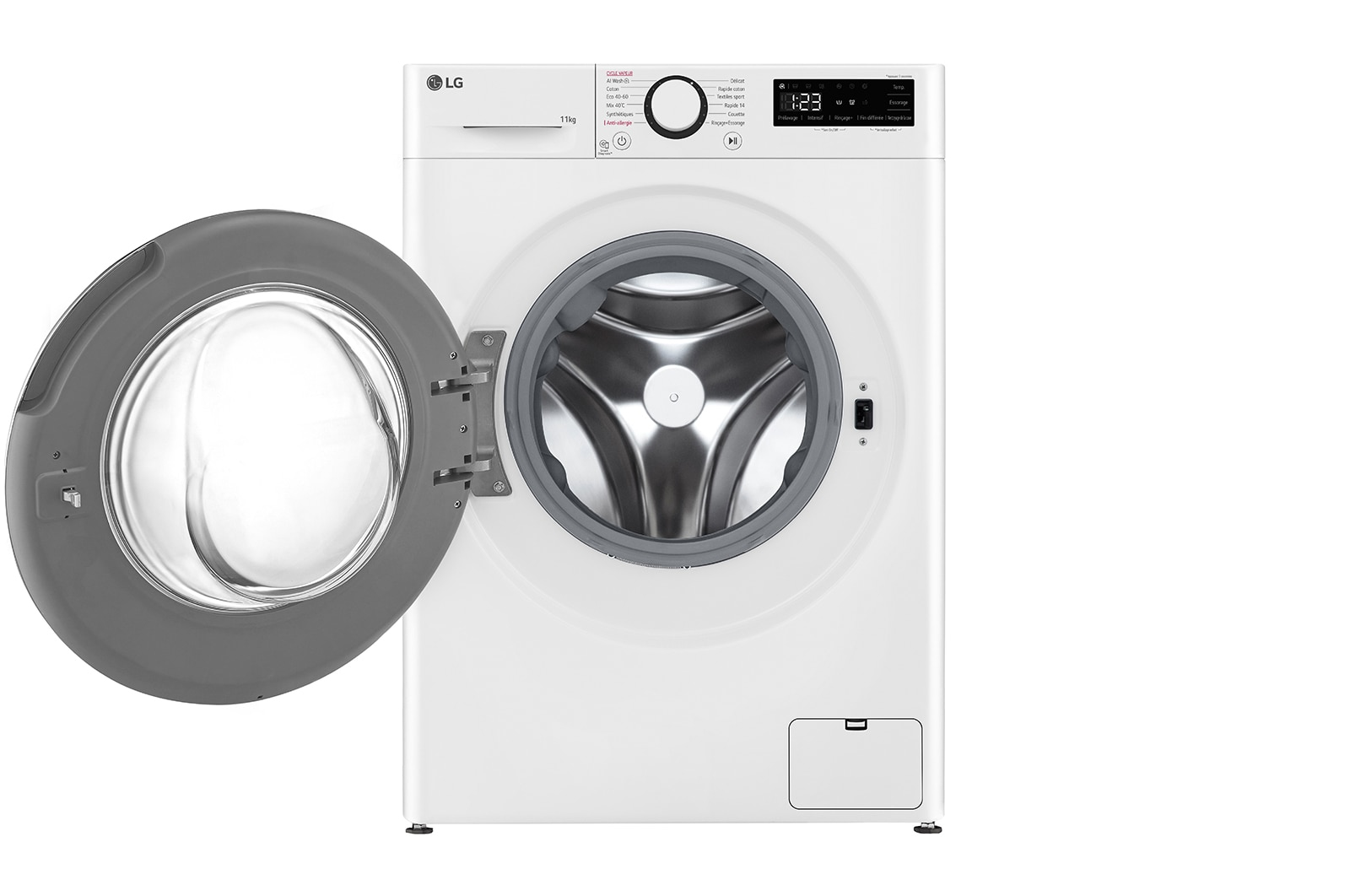 Lavatrice LG bianca, vista frontale, con la porta aperta, che mostra il cestello interno.