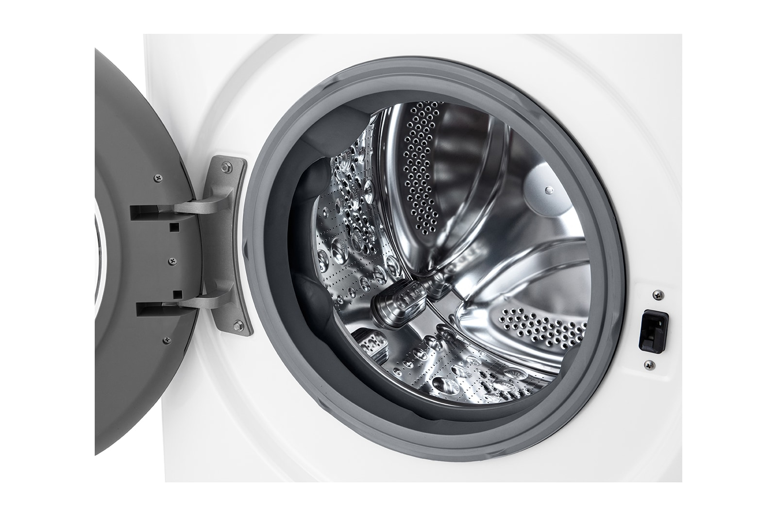 Sportello lavatrice aperto, che rivela il cestello interno con dettagli della struttura in acciaio inox.